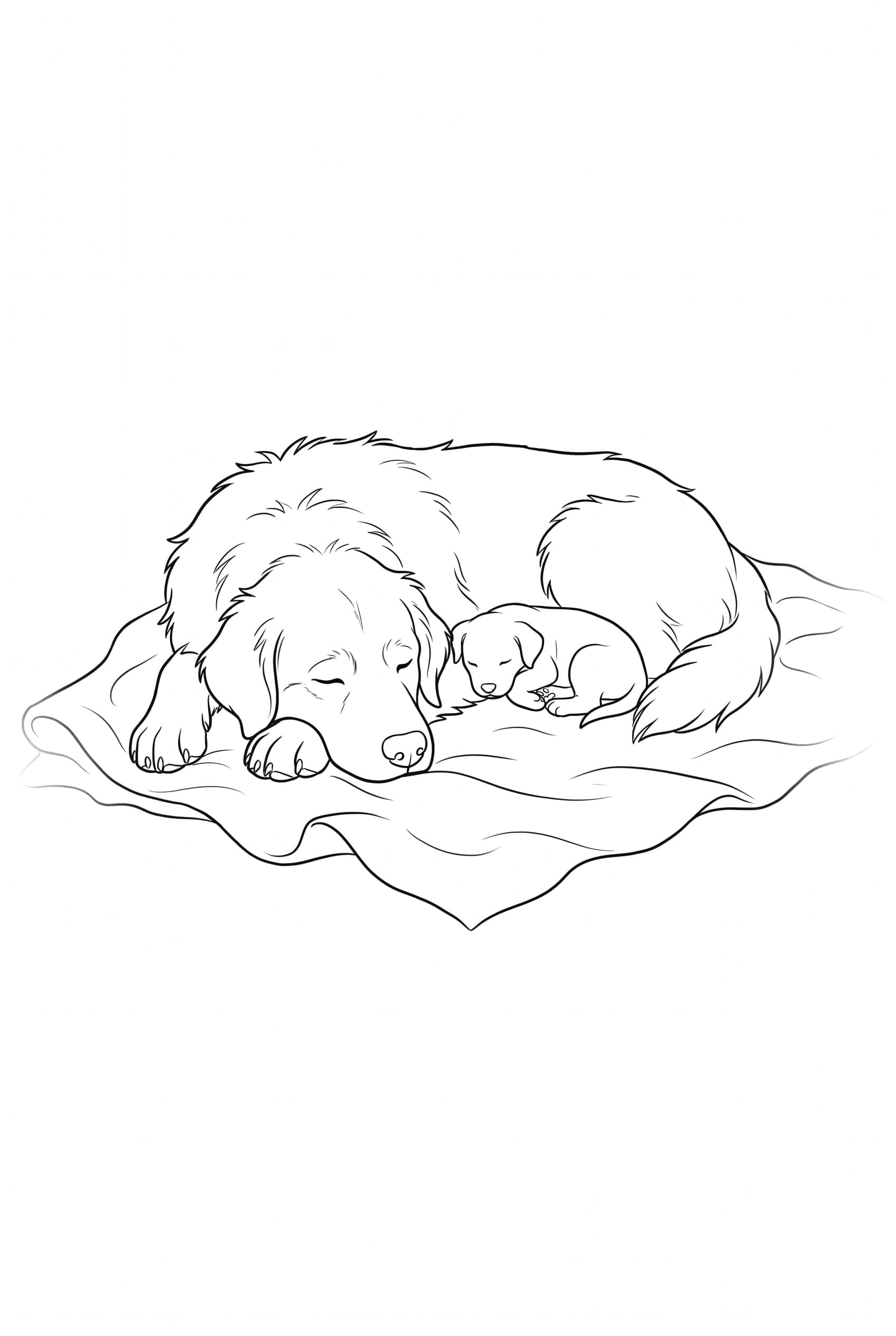 A big dog lying asleep with its head on its paws and a small puppy curled against its side on a folded blanket