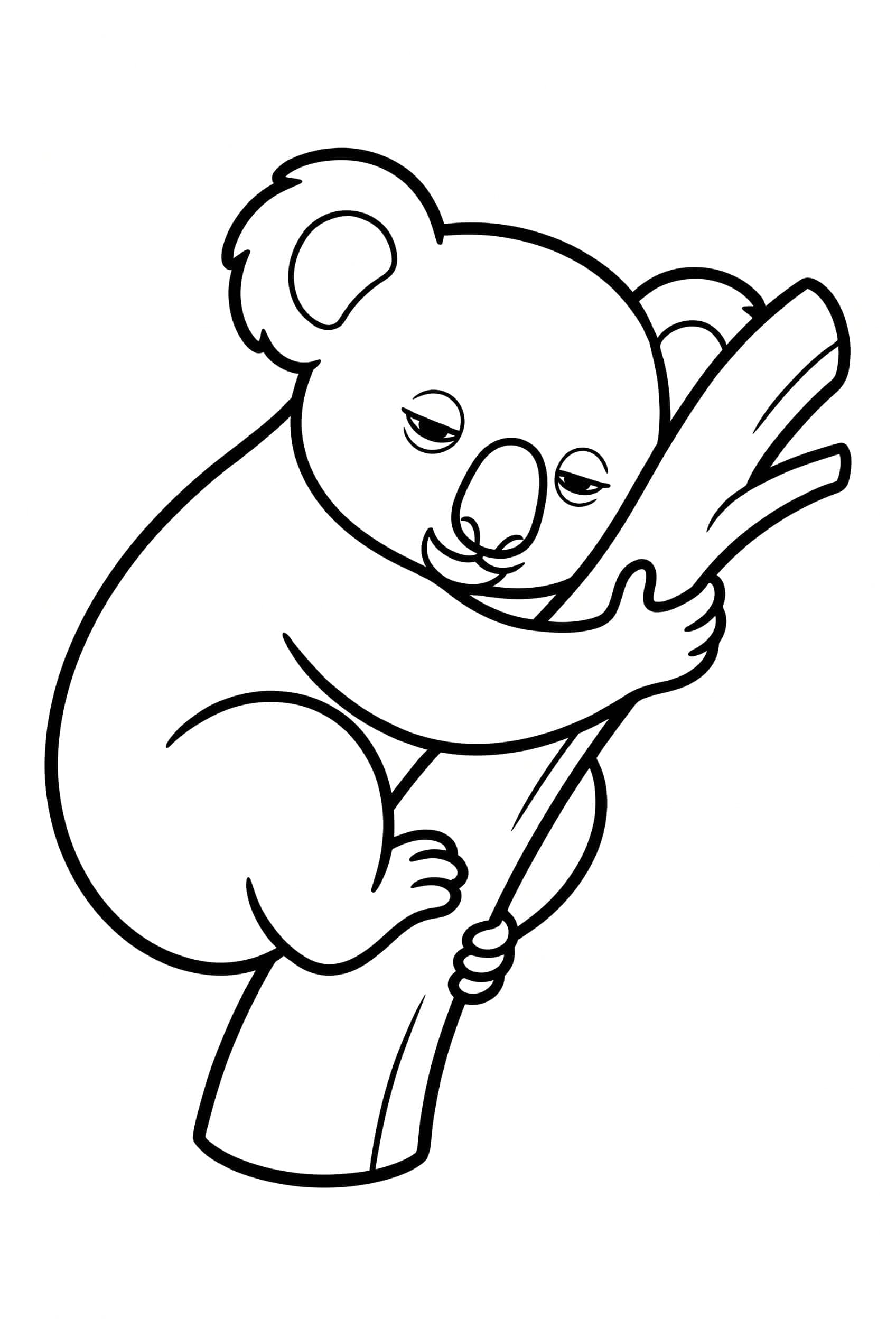 Desenho para colorir de um coala sonolento enroscado num único galho de árvore, com os olhos quase fechados