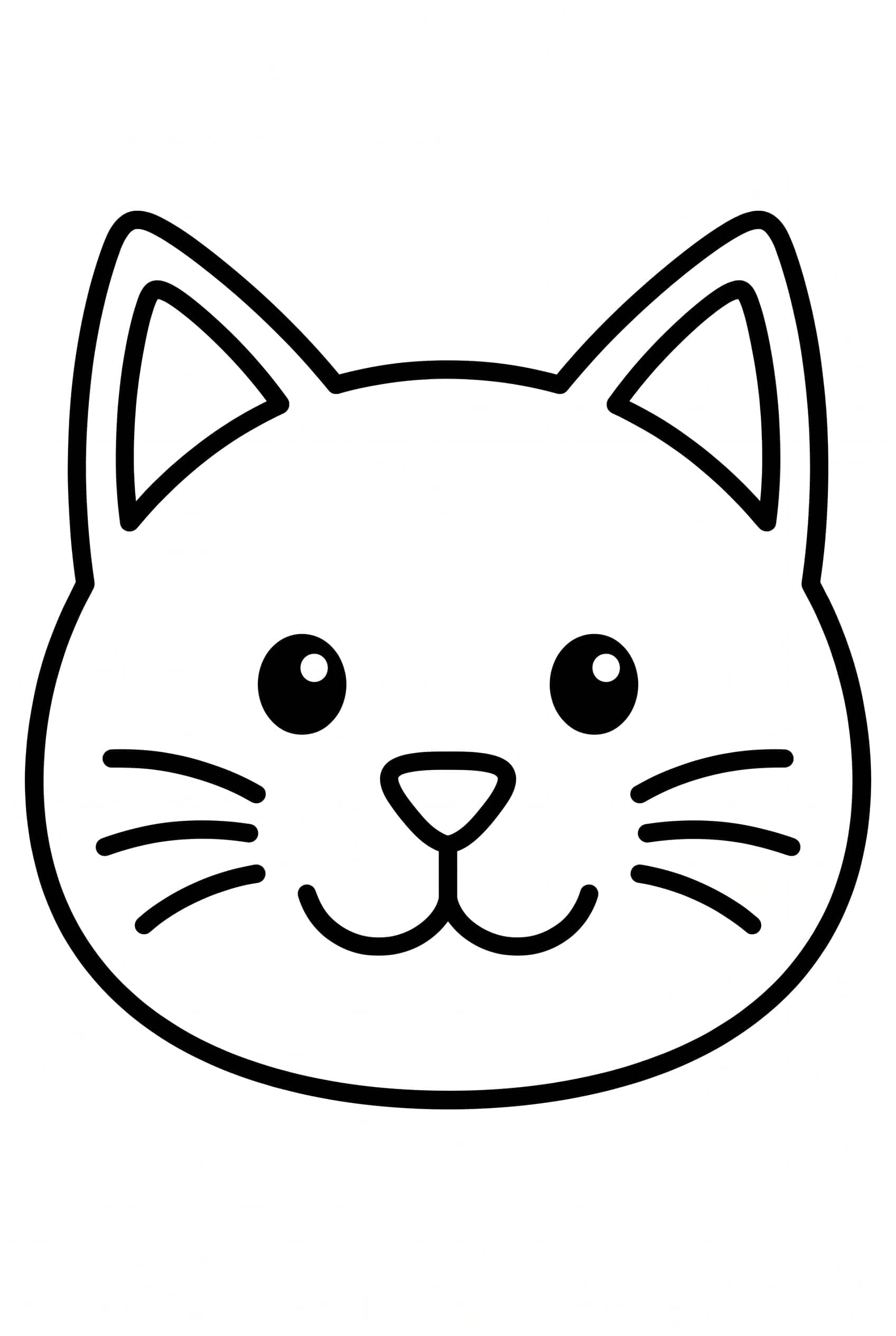 Ein großer lächelnder Katzenkopf in dicken kräftigen Linien, mit spitzen Ohren, runden Augen, kleiner Nase und kurzen Schnurrhaaren.