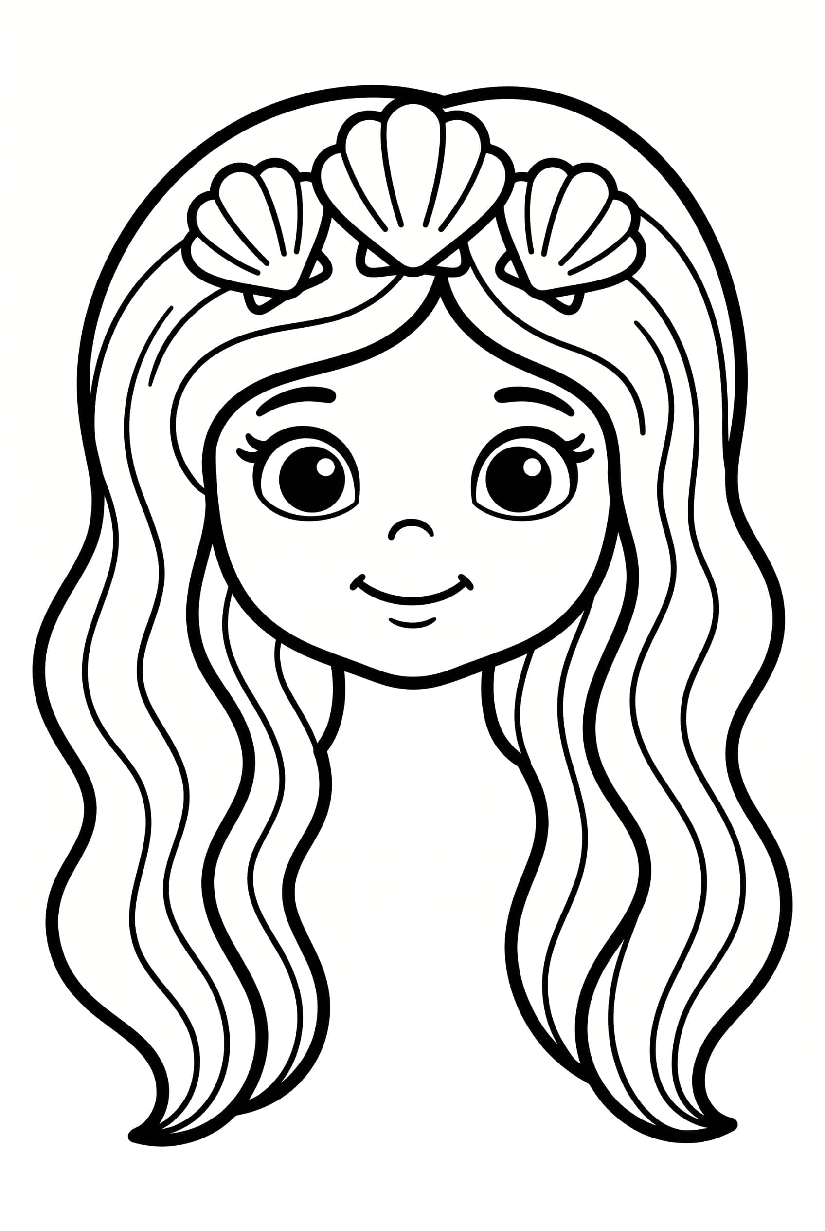 A large friendly mermaid face with long wavy hair, round eyes and a crown of three shells above her forehead