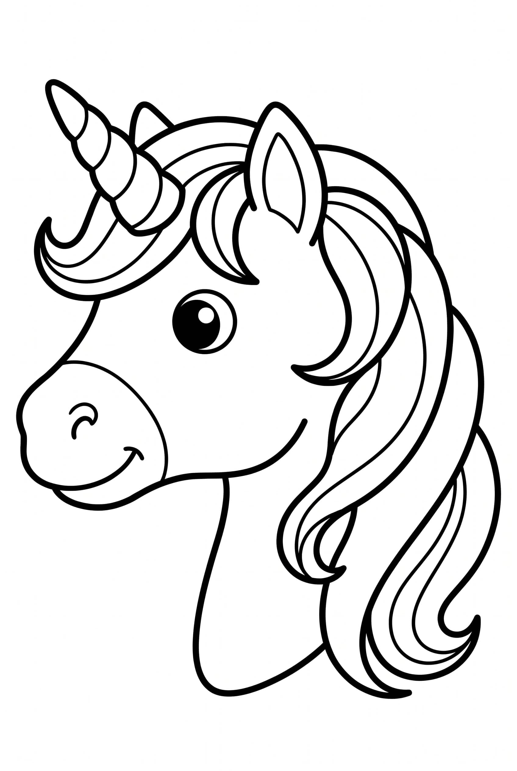 A large unicorn head in profile with a spiral horn, a big round eye and a flowing mane in thick wavy locks