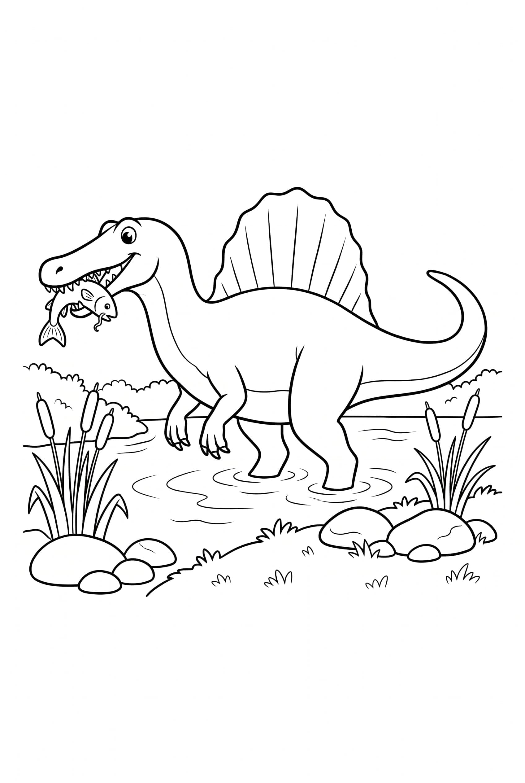 Ein lächelnder Spinosaurus mit hohem Rückensegel watet durch einen Fluss, im Maul einen Fisch, am Ufer stehen Rohrkolben und runde Steine.
