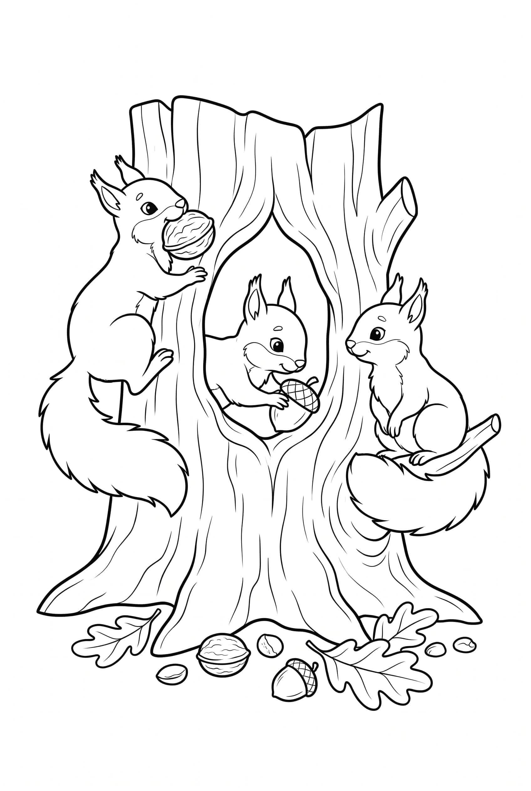 Coloring page of three squirrels at a tree hollow, one carrying a walnut up the bark, one pushing an acorn inside and one sitting on a low branch