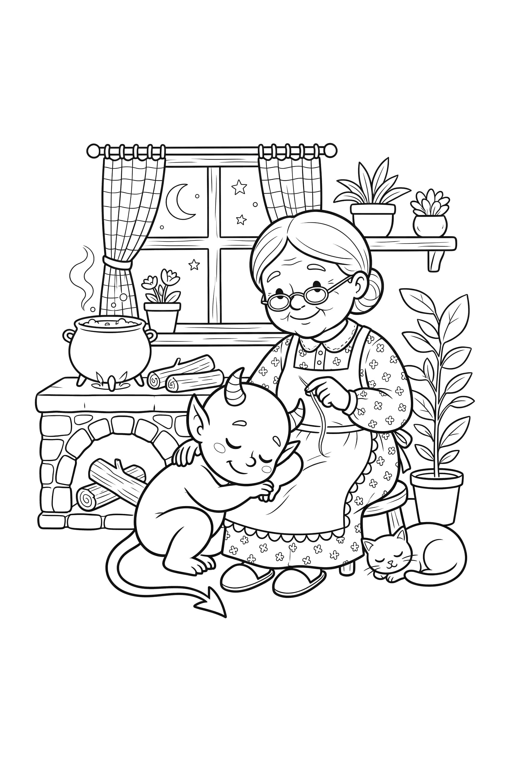 A little devil with small horns asleep in an old woman's lap by the hearth while she lifts one long hair