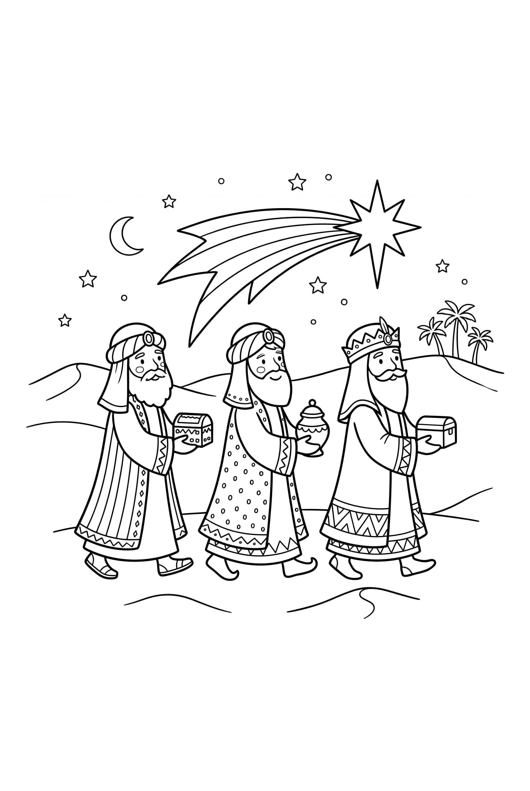 Coloring page of three richly robed wise men walking in single file carrying gifts under a long-rayed star