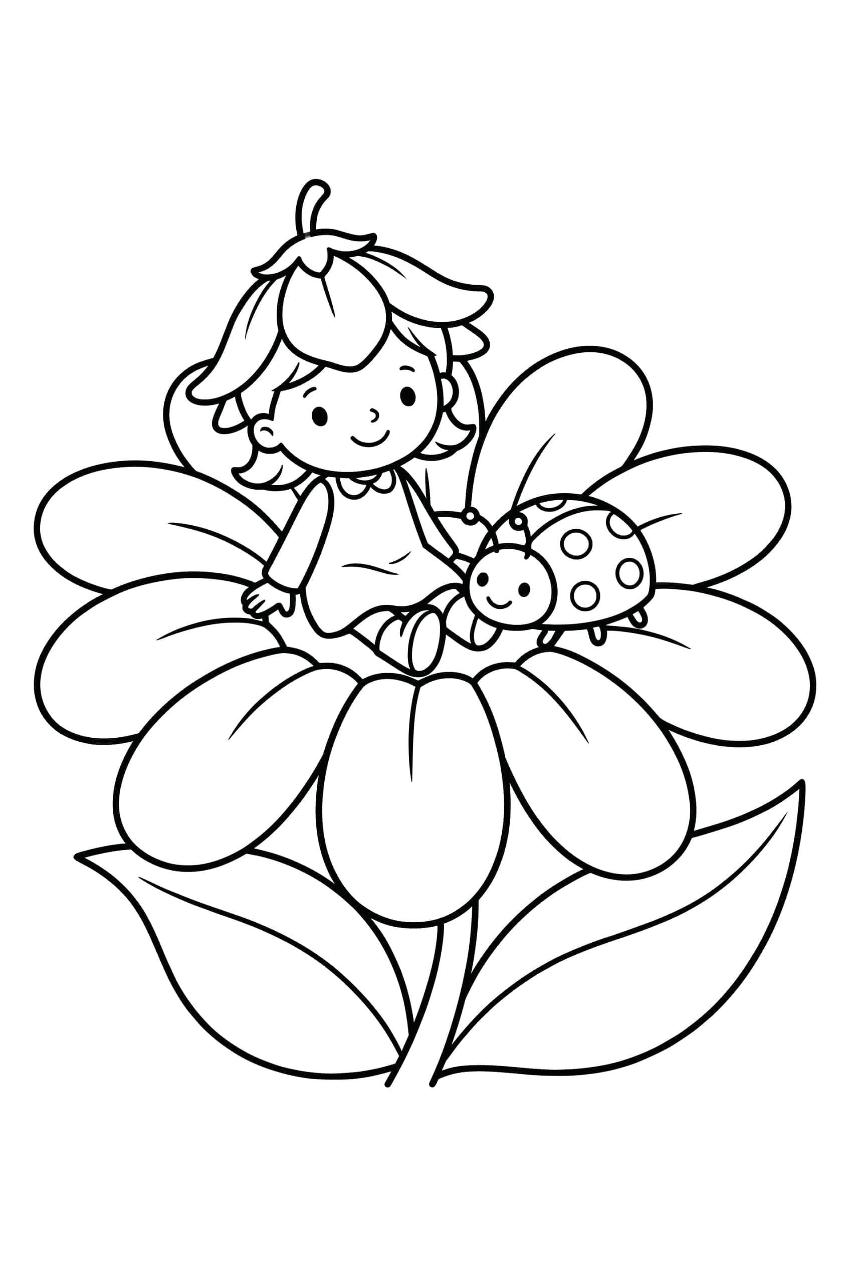 Tiny Thumbelina sitting inside an open flower blossom with a friendly ladybug beside her