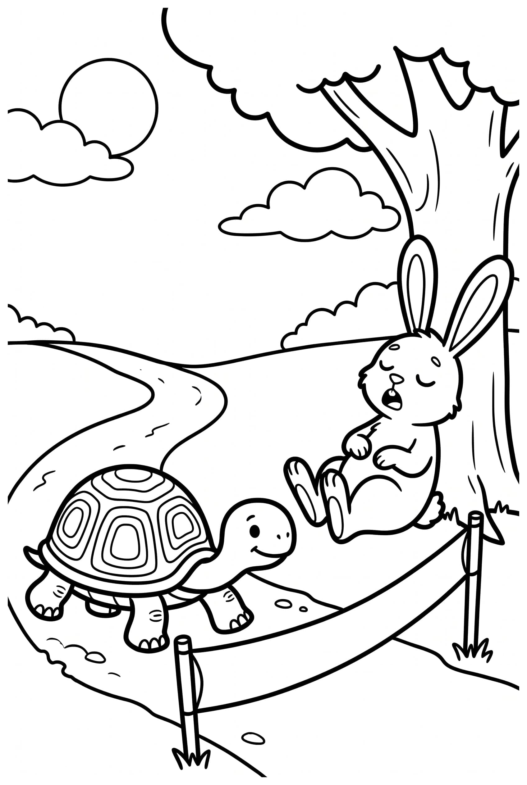 Eine Schildkröte geht auf dem Weg auf ein schlichtes Band zu, während der Hase am Baum schläft.
