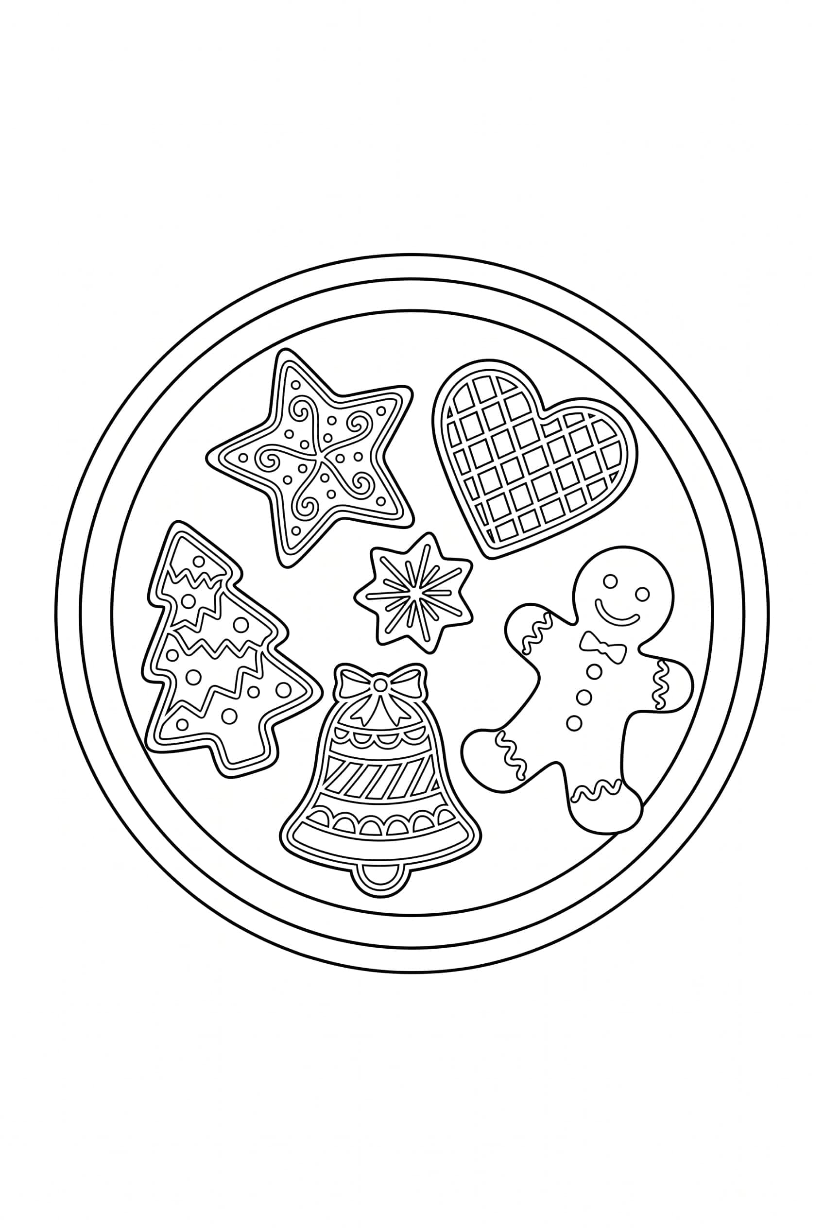 Coloring page of a round baking tray seen from above holding star, heart, tree, bell and gingerbread man cookies
