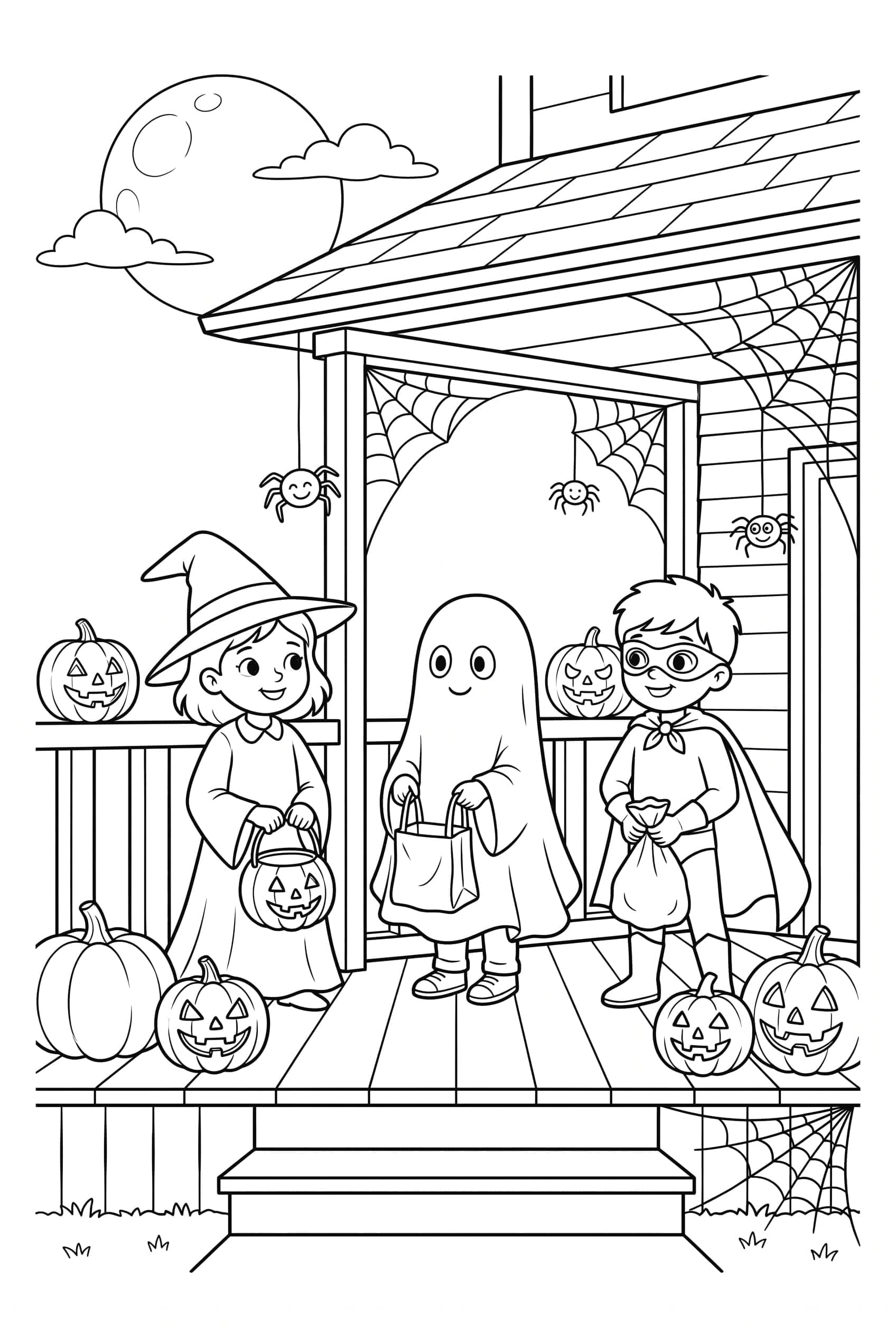Three costumed children holding candy bags on a porch decorated with pumpkins and cobwebs under a full moon