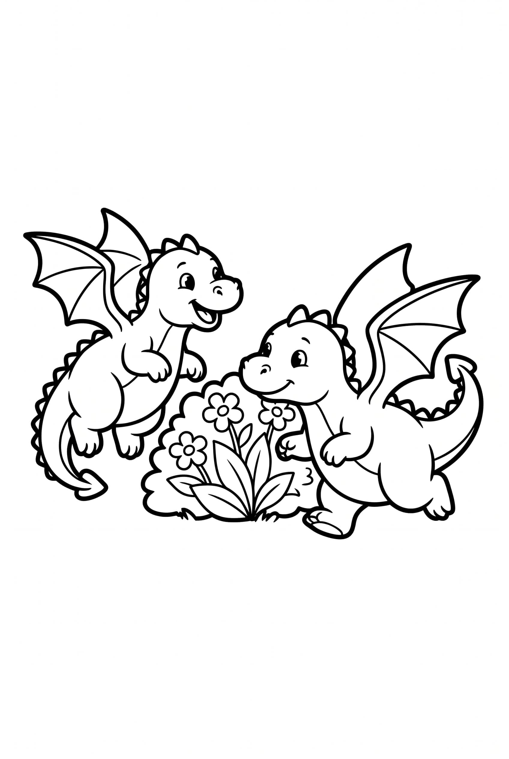Two round baby dragons playing around a small flowering bush with their wings spread and tails curling