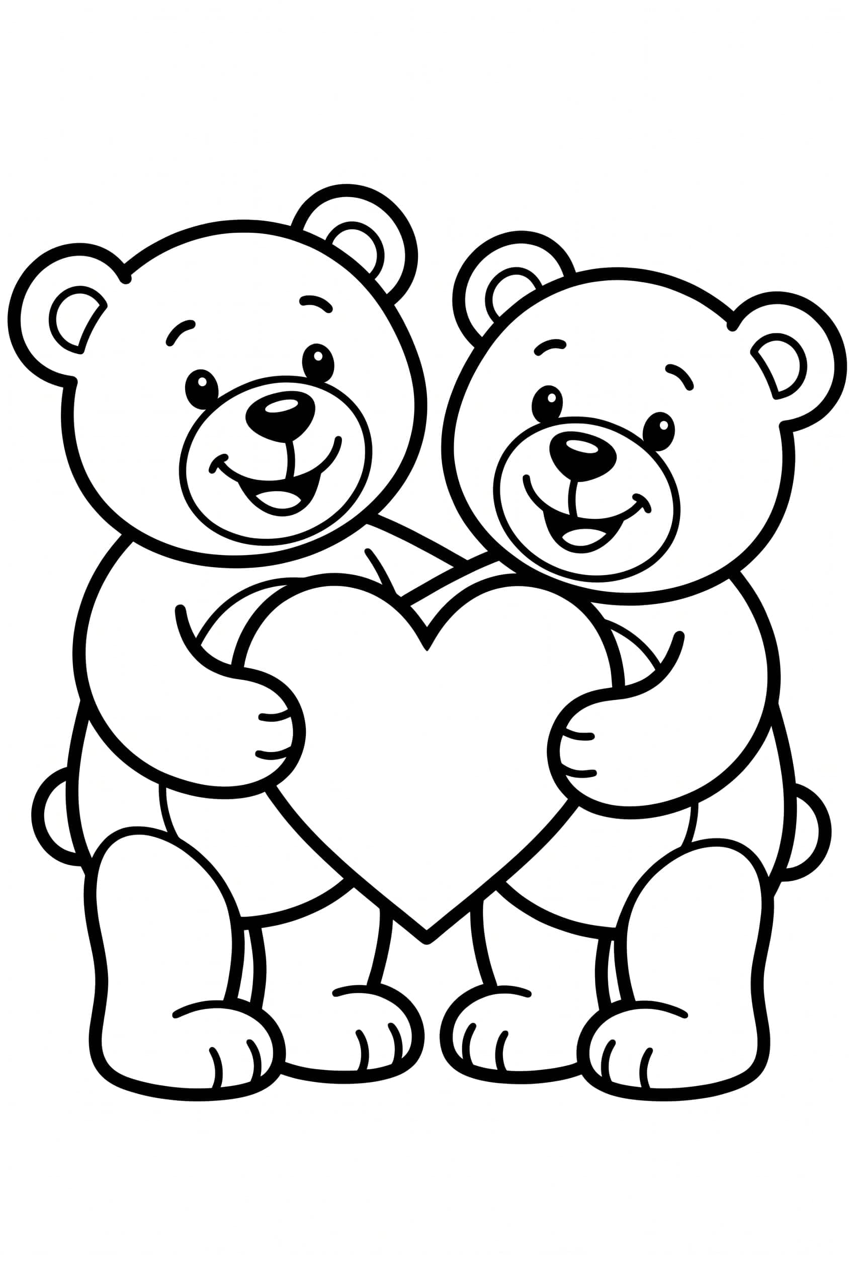 Coloriage de deux oursons en peluche debout côte à côte qui tiennent ensemble un grand cœur, souriants, dessinés au trait et laissés blancs.