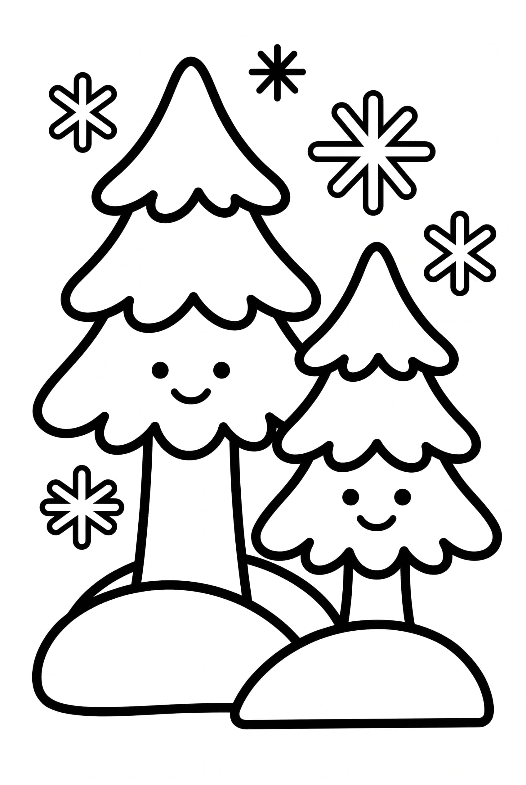 Dibujo para colorear de dos pinos regordetes de distinta altura con copos de nieve grandes flotando alrededor