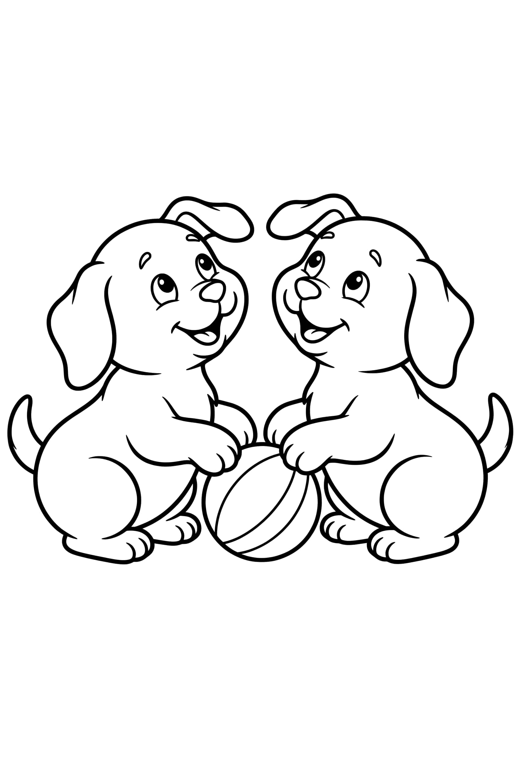 Zwei runde Welpen sitzen einander gegenüber, zwischen ihren Vorderpfoten liegt ein gestreifter Ball.