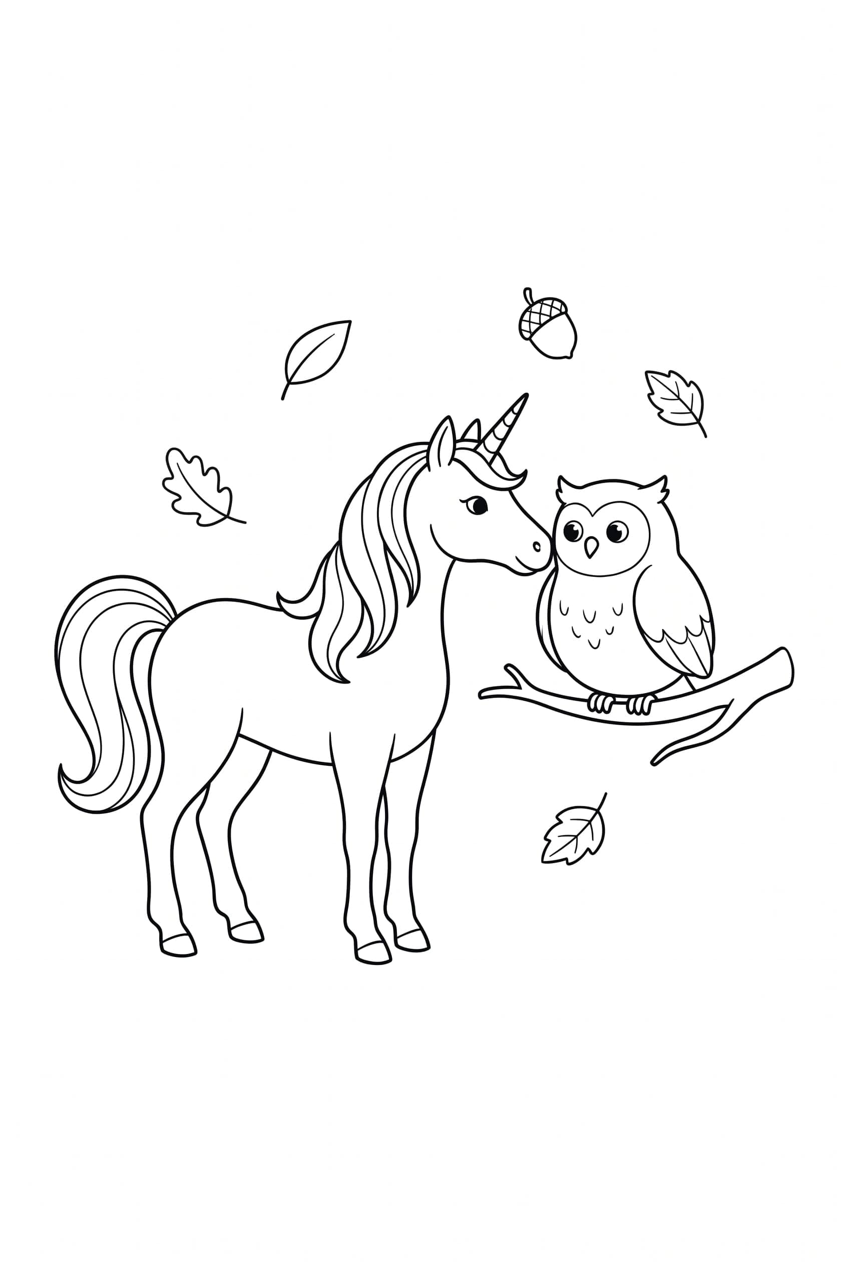 Ein Einhorn steht Nase an Schnabel mit einer runden Eule, die auf einem kurzen gebogenen Ast sitzt.