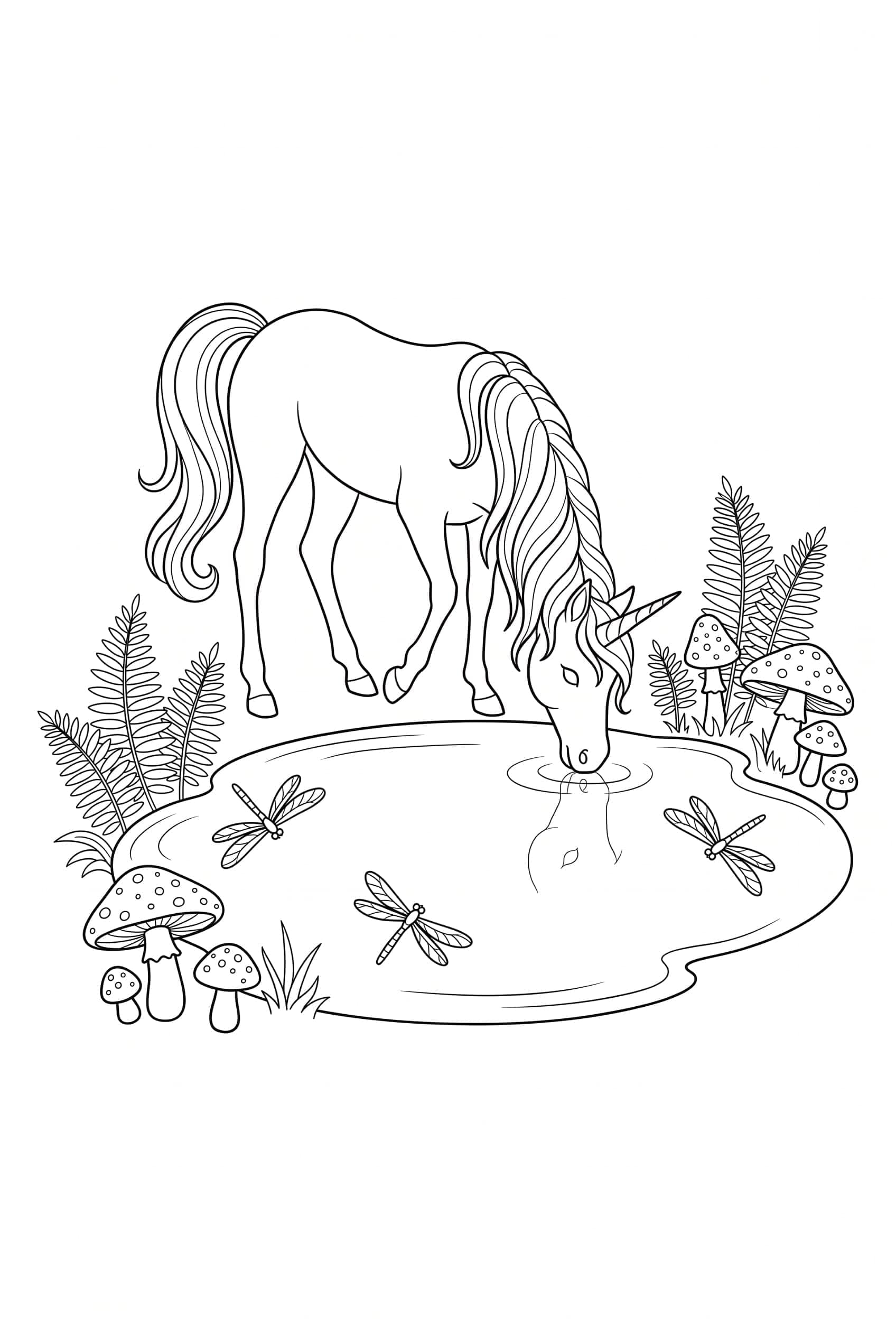 Dibujo para colorear de un unicornio agachado bebiendo de un estanque tranquilo del bosque, con helechos, hongos y libélulas.