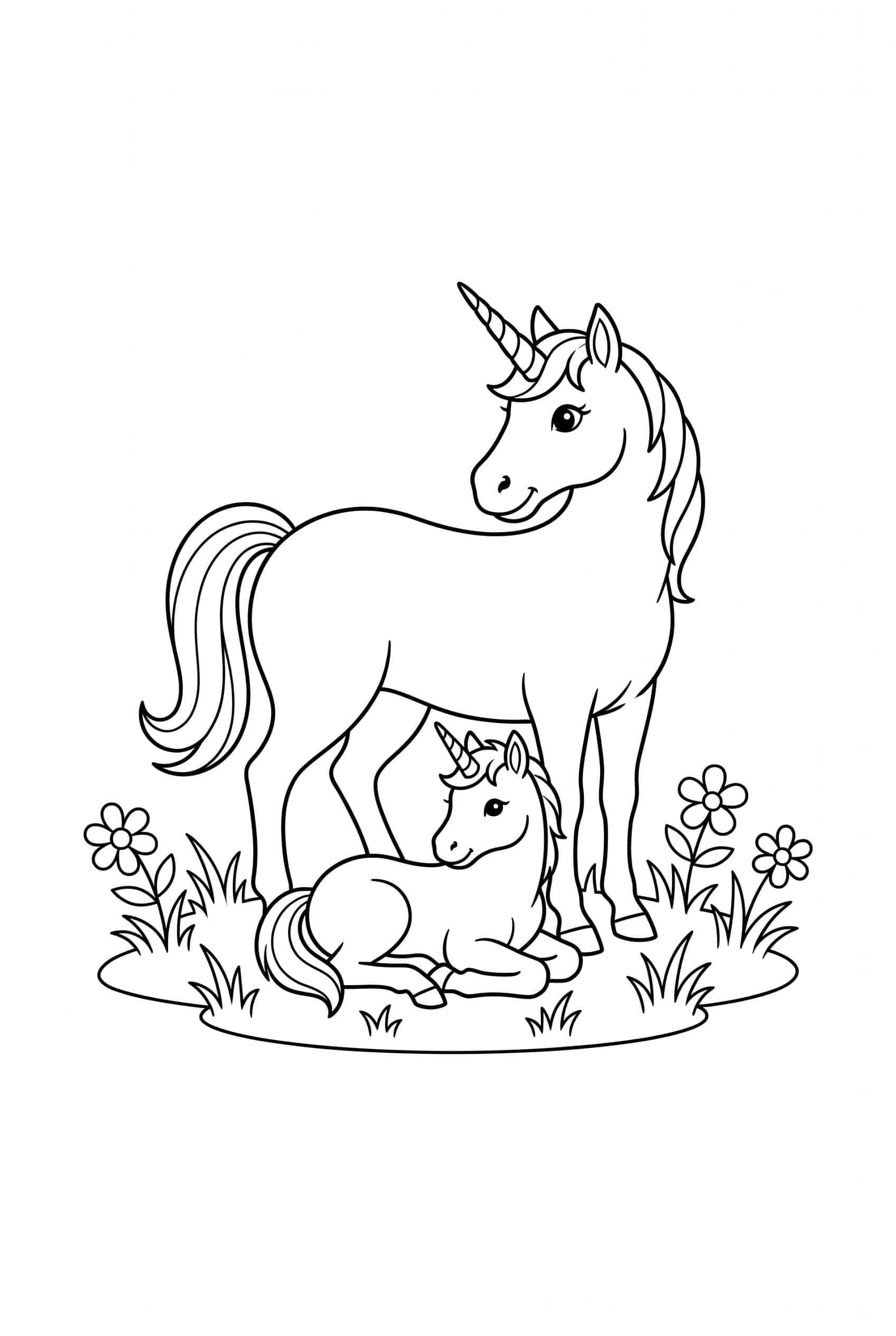 Ein erwachsenes Einhorn steht über einem kleinen Einhornfohlen, das sich ins Gras gelegt hat, Blumen ringsum.