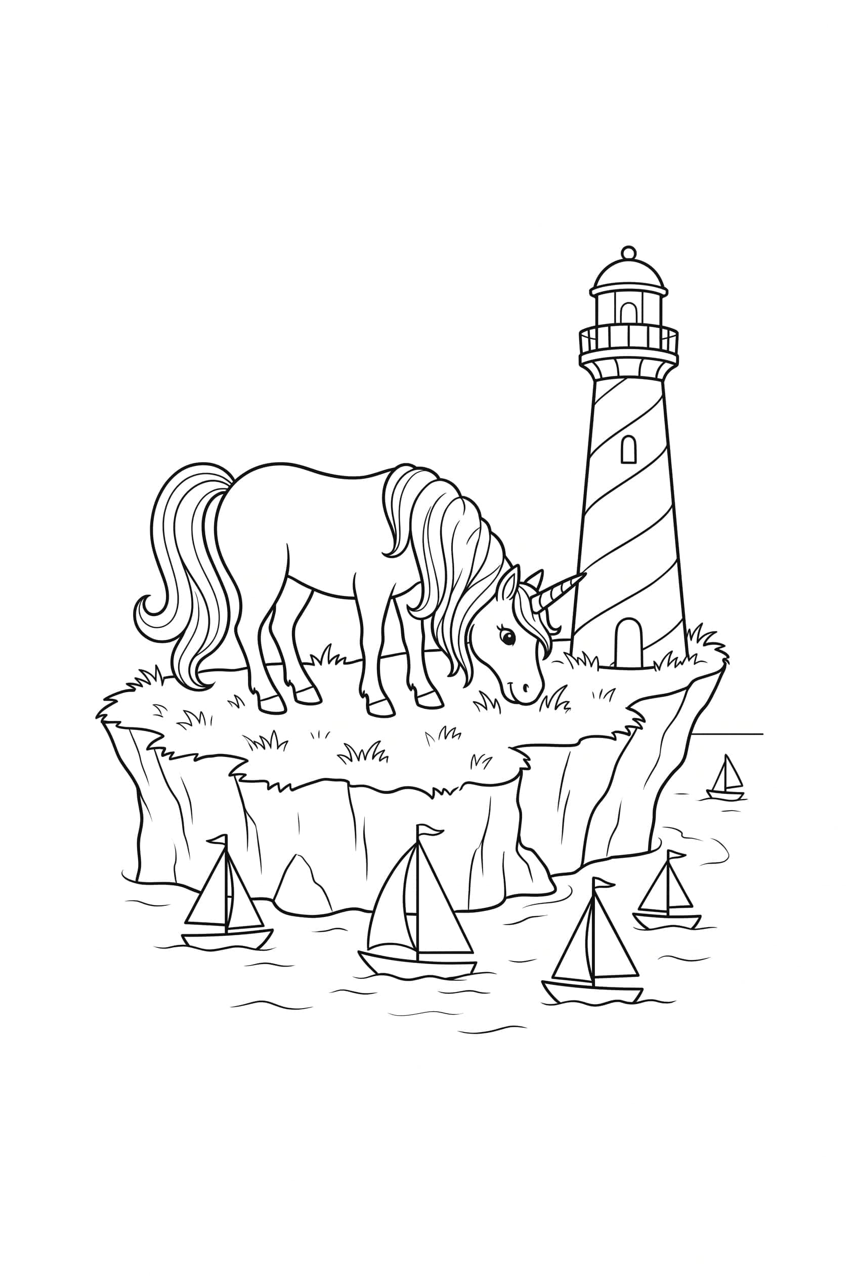 A unicorn grazing on a grassy cliff top beside a tall lighthouse with sailboats dotting the sea below