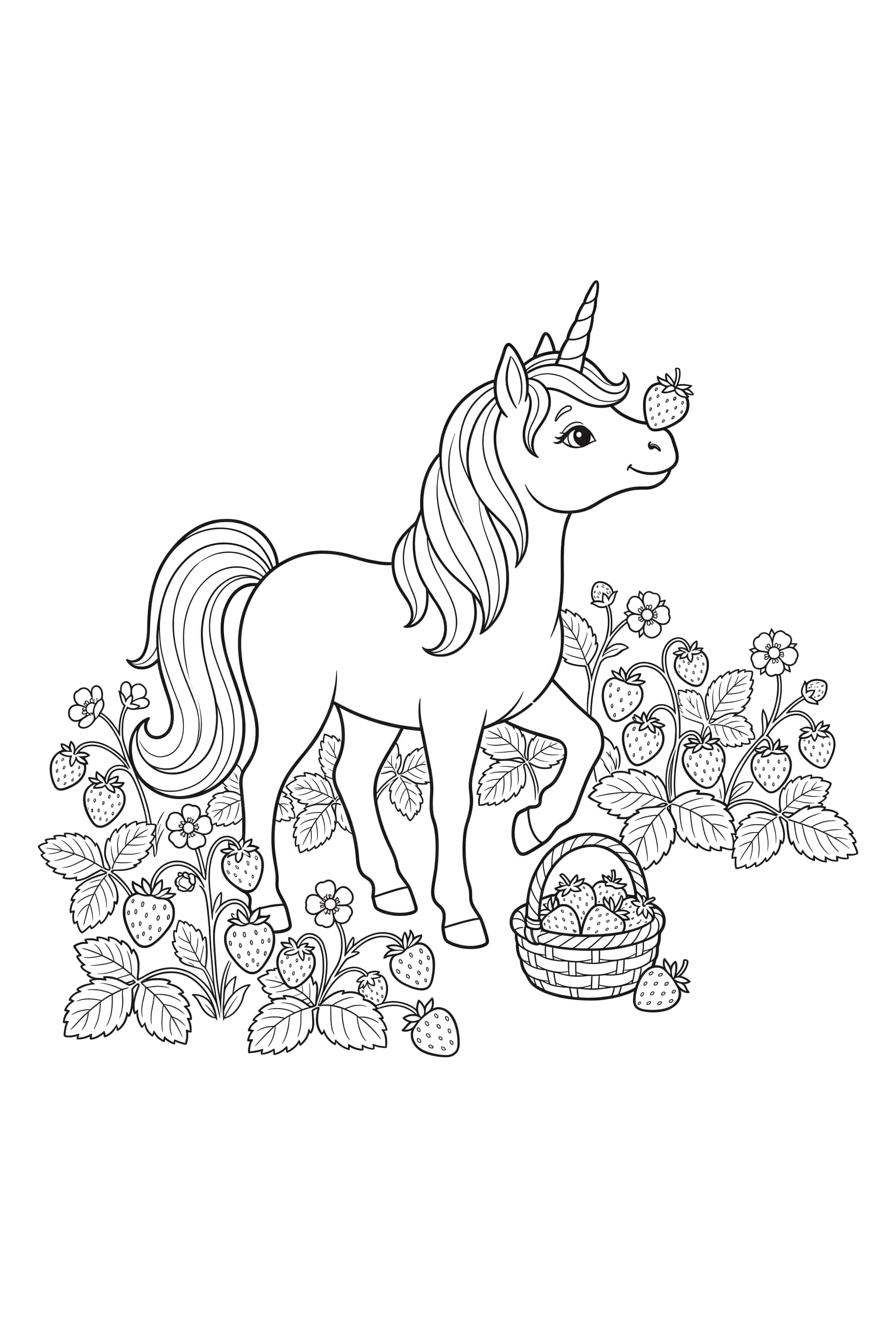A unicorn standing among low strawberry plants with one berry balanced on its muzzle and a basket beside its hoof