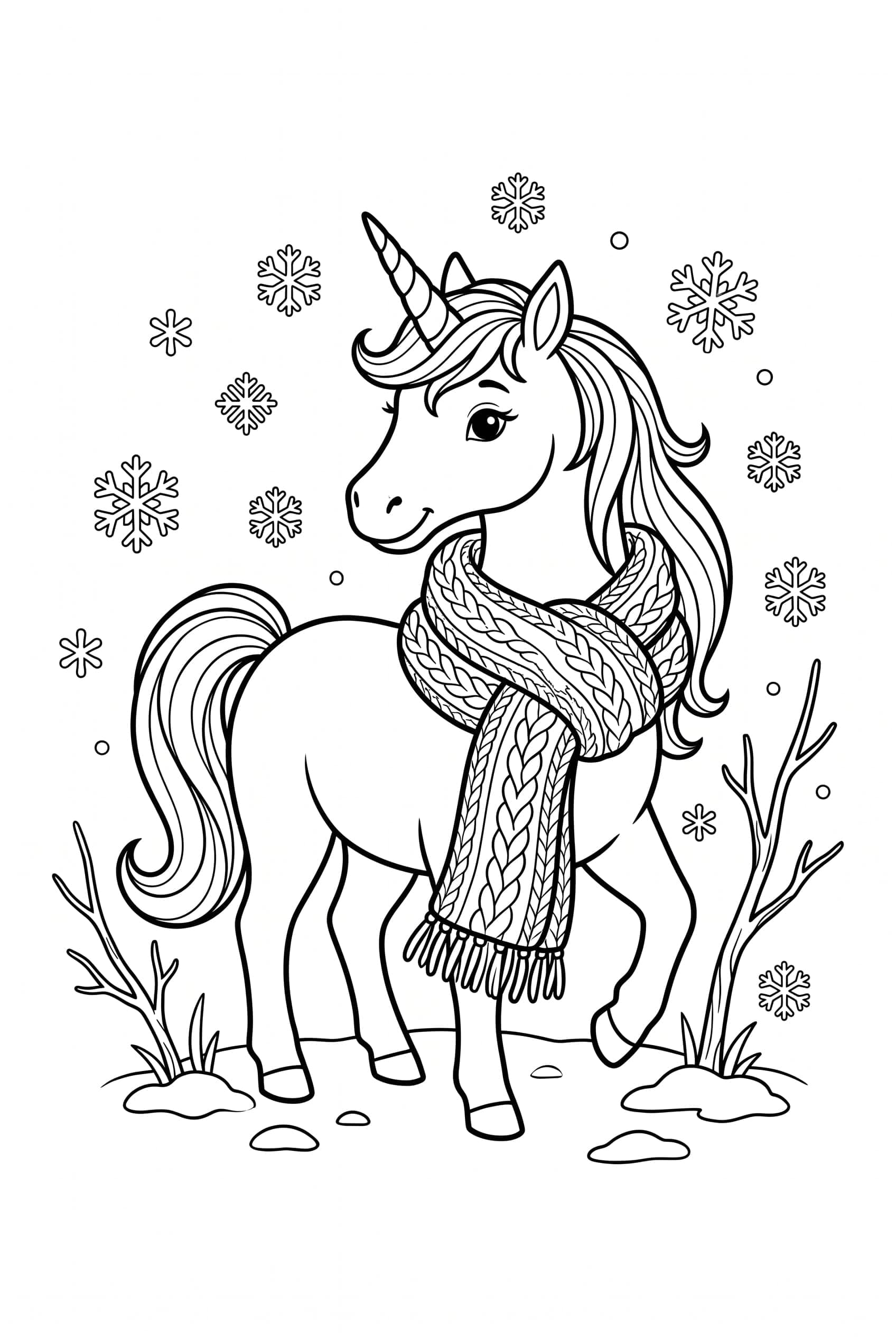 Ein Einhorn trägt einen langen Strickschal, zweimal um den Hals gewickelt, und steht zwischen Schneehäufchen.