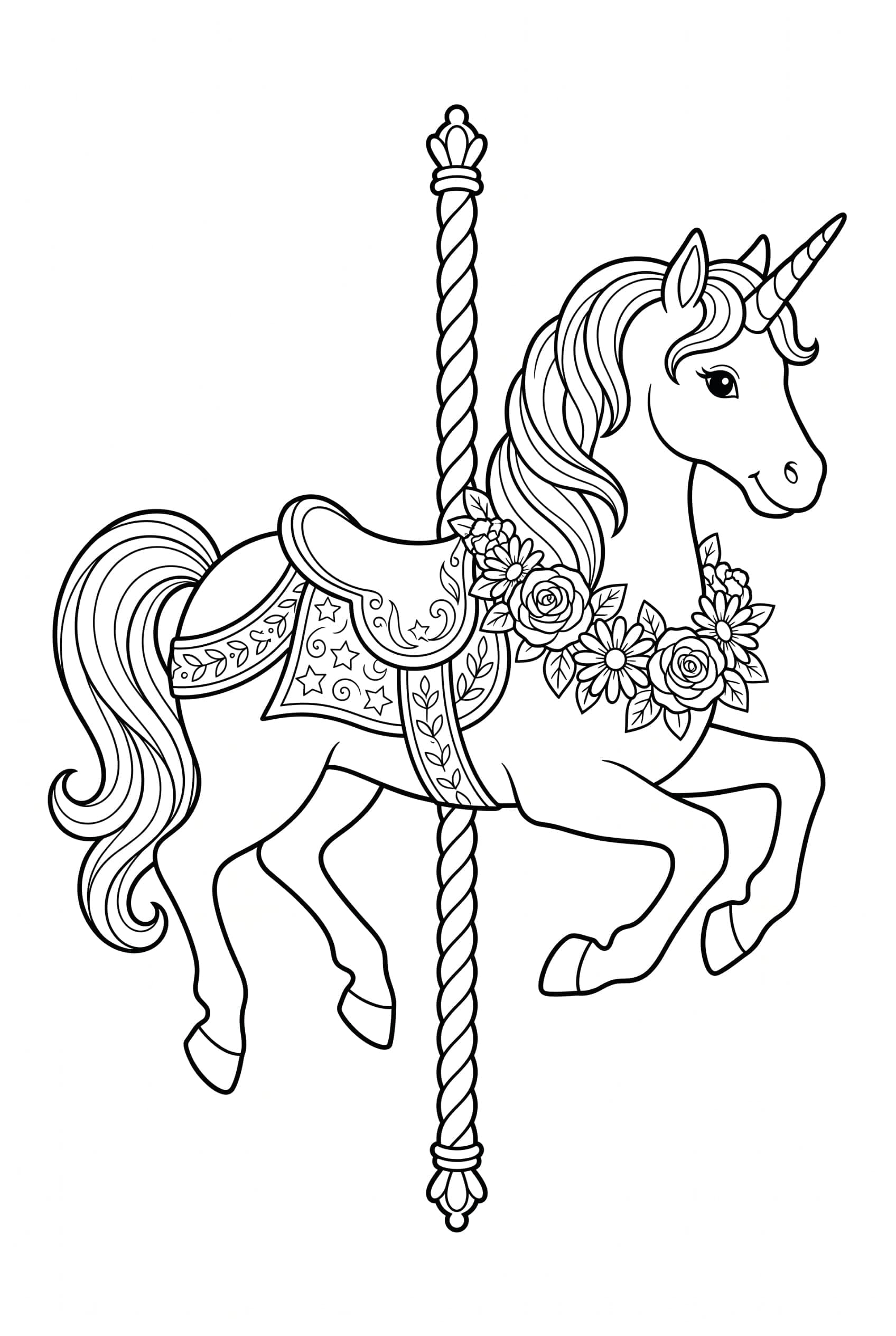 A carousel unicorn with a decorated saddle and a flower garland, mounted on a twisted spiral pole