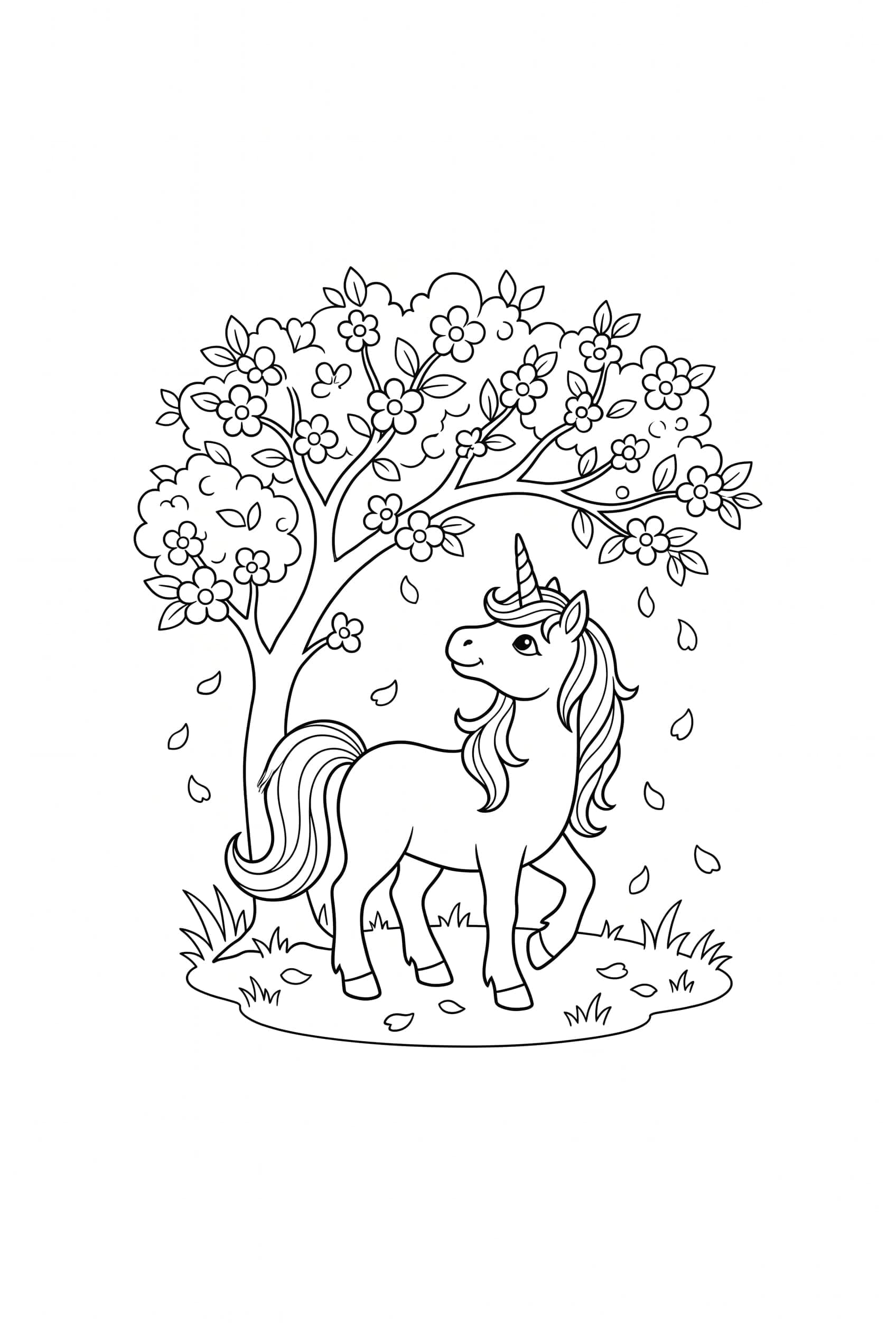 Ein Einhorn steht unter einem kleinen Blütenbaum, Blütenblätter rieseln rundherum zu Boden.