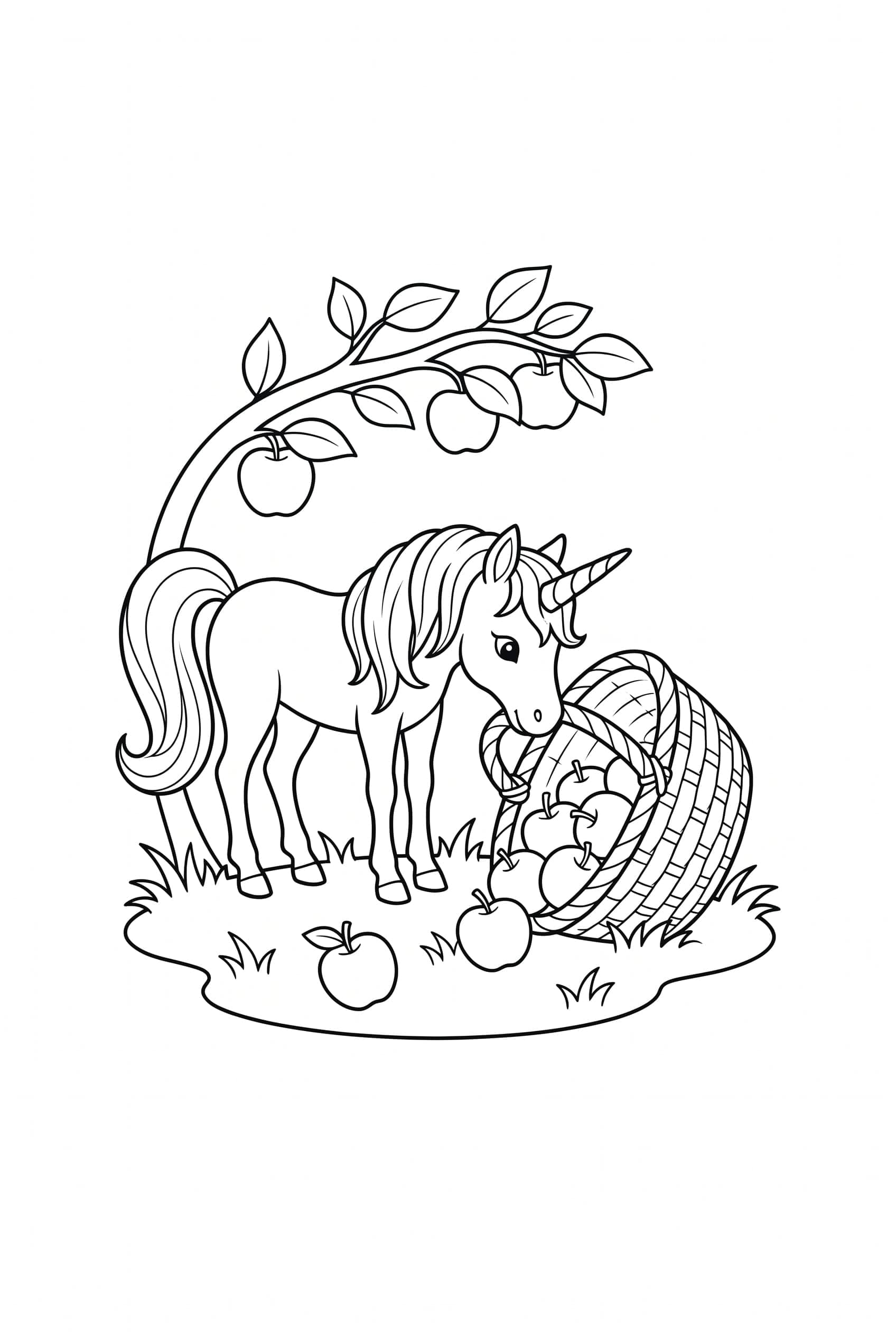Ein Einhorn stupst einen umgekippten Korb voller runder Äpfel an, zwei Äpfel sind ins Gras gerollt.