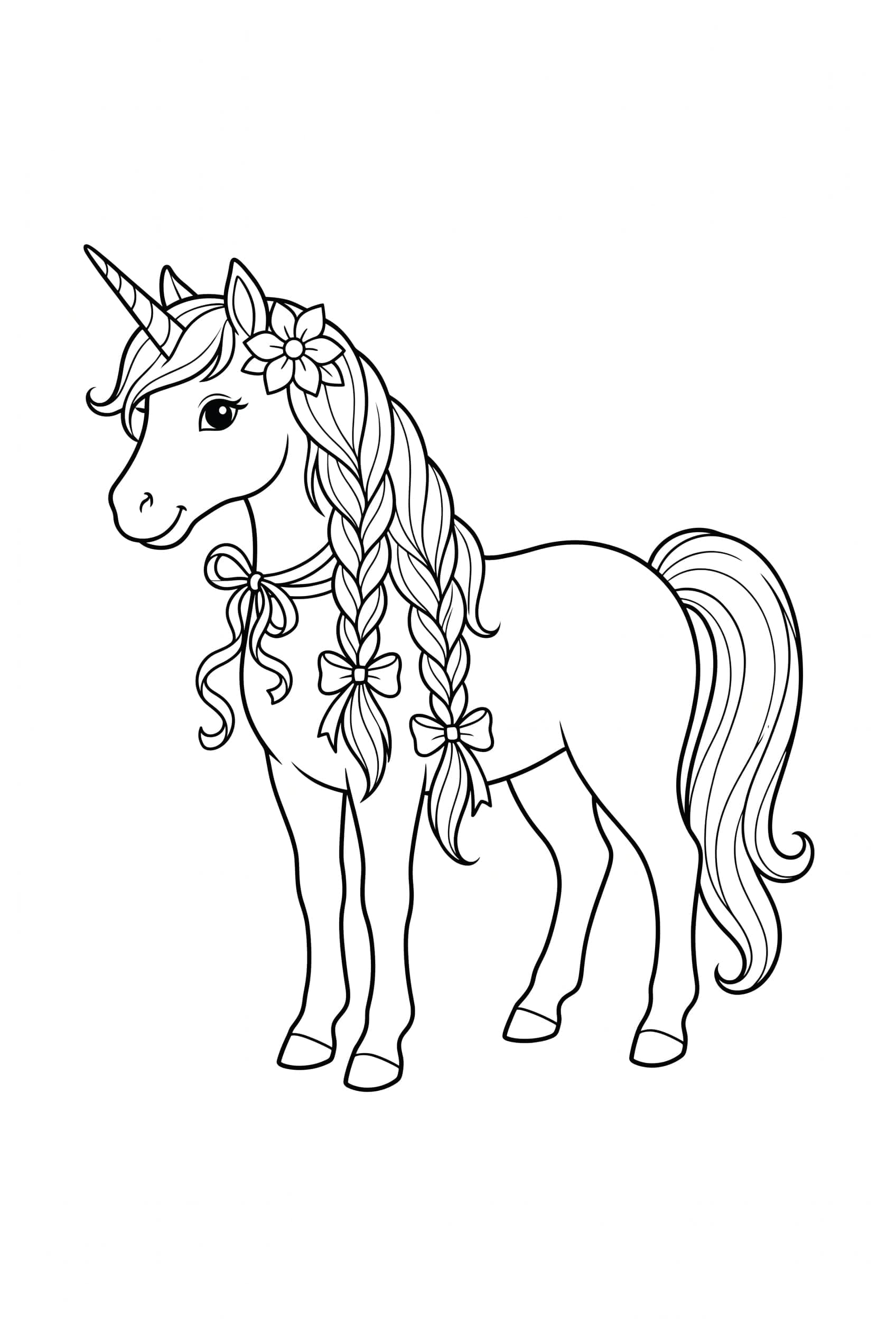 A unicorn in profile with its mane worked into three loose braids tied with ribbon bows and a flower behind one ear