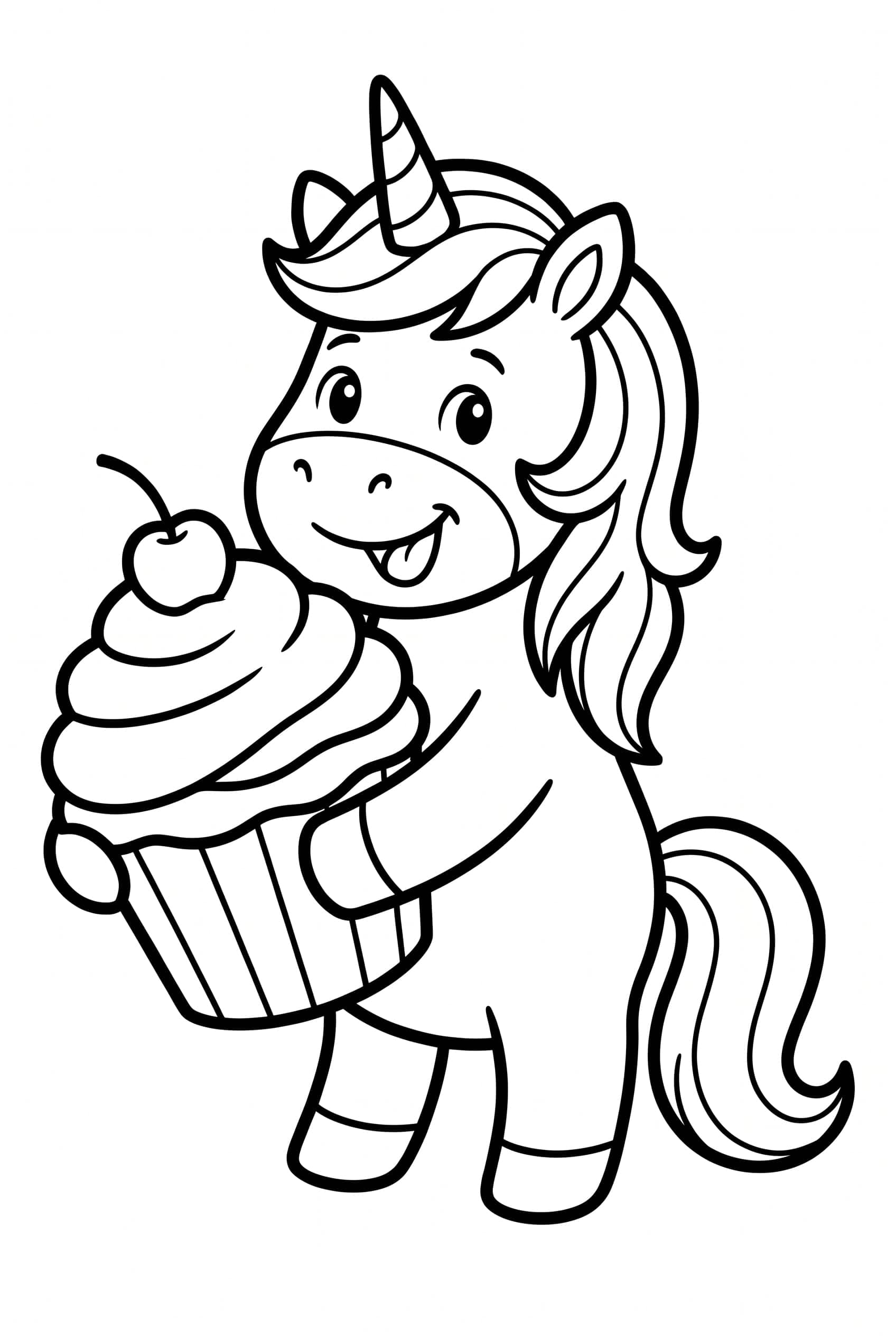 Ein fröhliches kleines Einhorn hält einen übergroßen Cupcake mit Sahnehaube und einer Kirsche obendrauf.