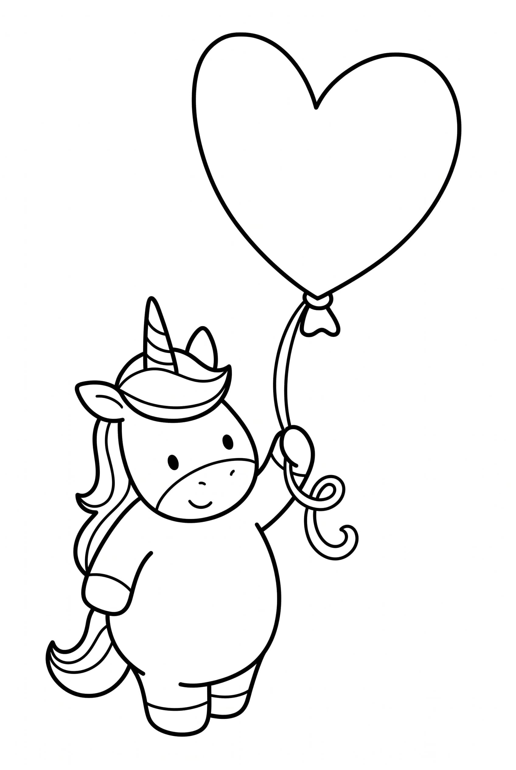 Ein kleines Einhorn hält einen großen herzförmigen Luftballon an einem Band, das um seinen Huf gebunden ist.