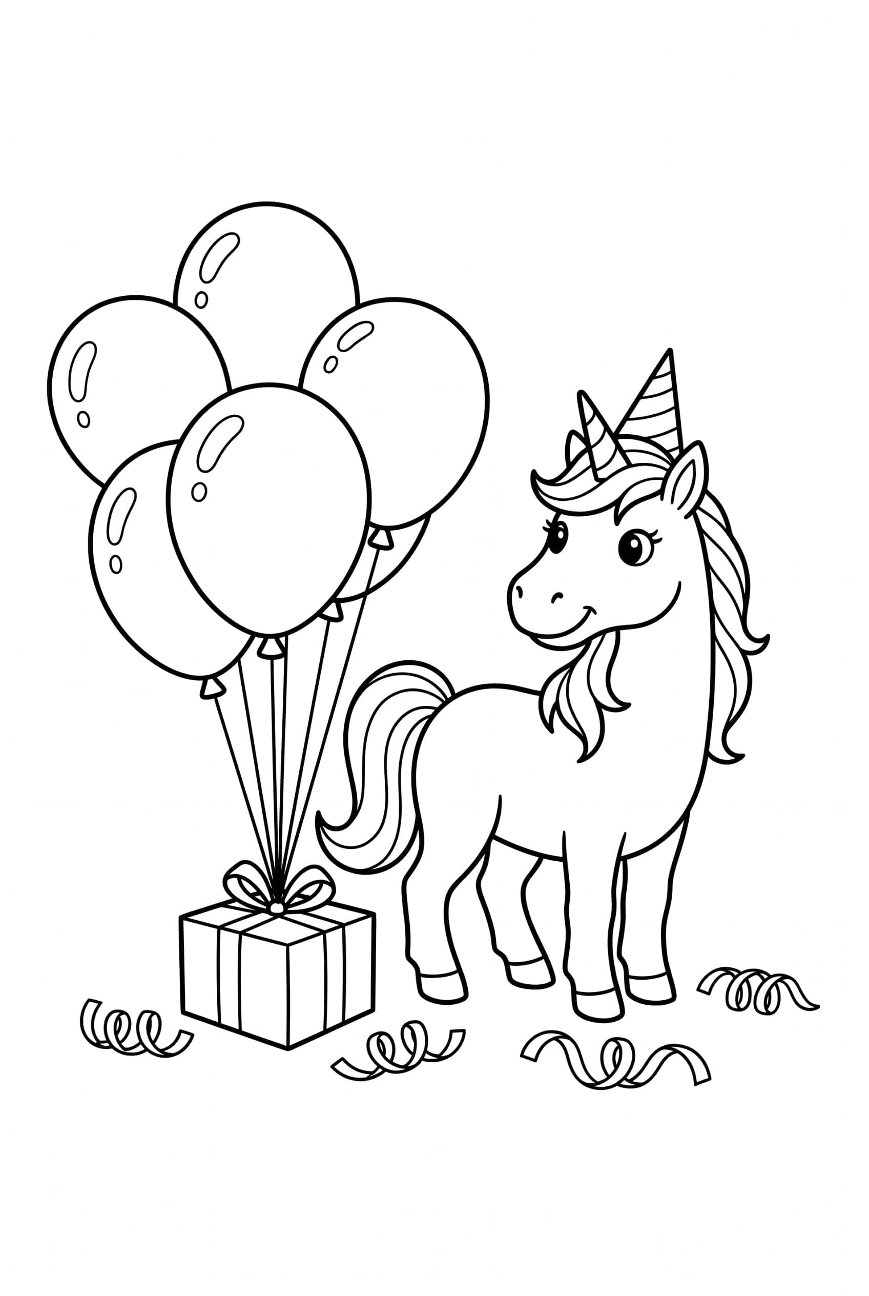 Ein Einhorn mit kleinem Partyhut steht neben vier runden Luftballons, deren Bänder an einem Geschenk hängen.