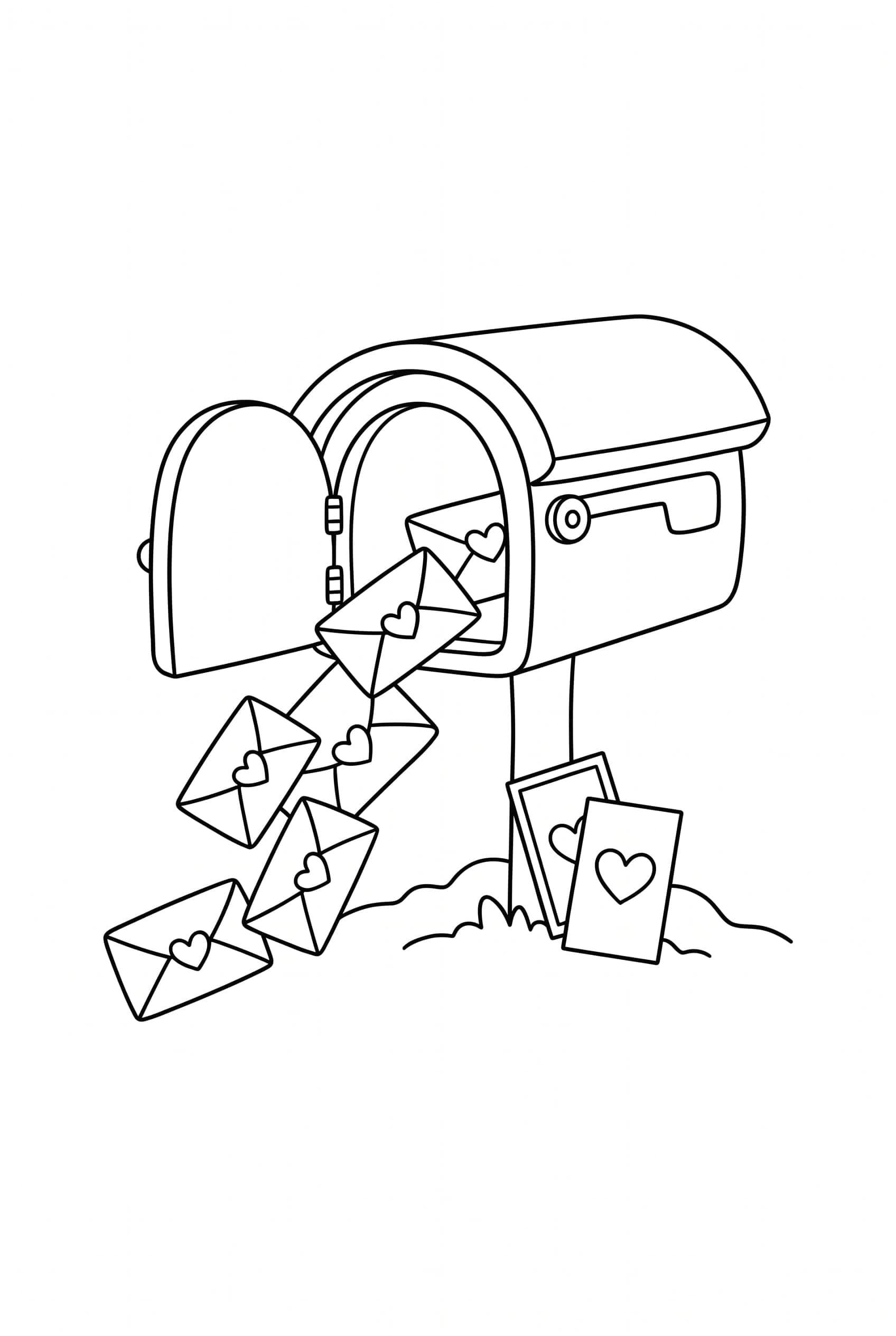 Coloring page of a round-topped mailbox with its door open, five envelopes spilling out with a heart on each and two cards at its foot