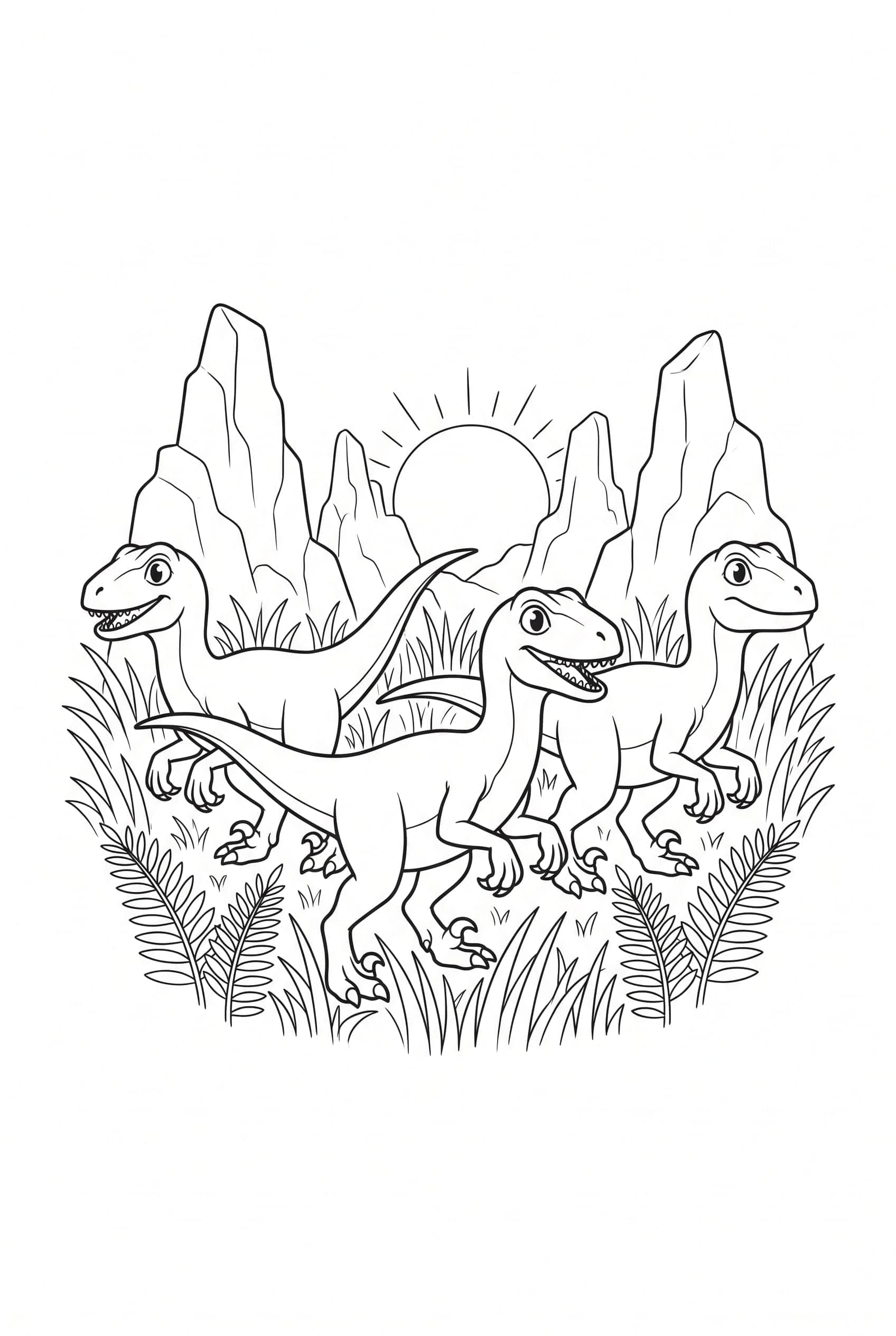Desenho para colorir de um trio de velociraptores avançando pelo capim alto ao entardecer, com formações rochosas erguendo-se atrás deles