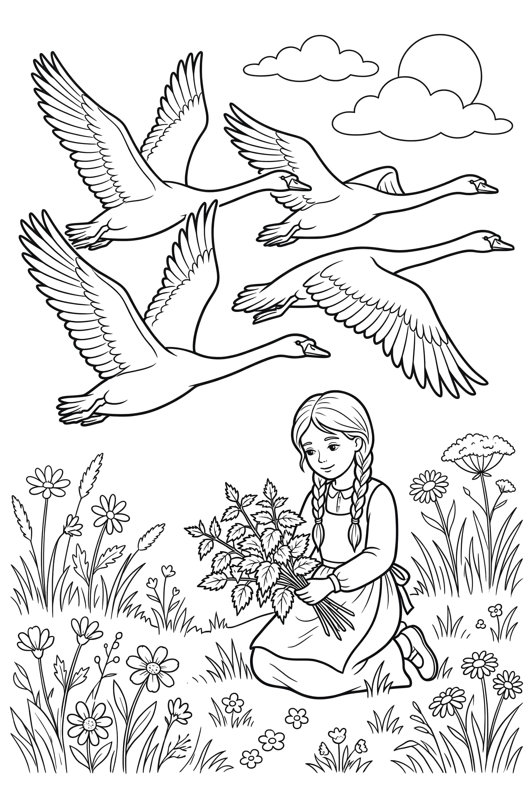 Large swans with open wings flying low over a meadow, a girl kneeling below with a bundle of nettles