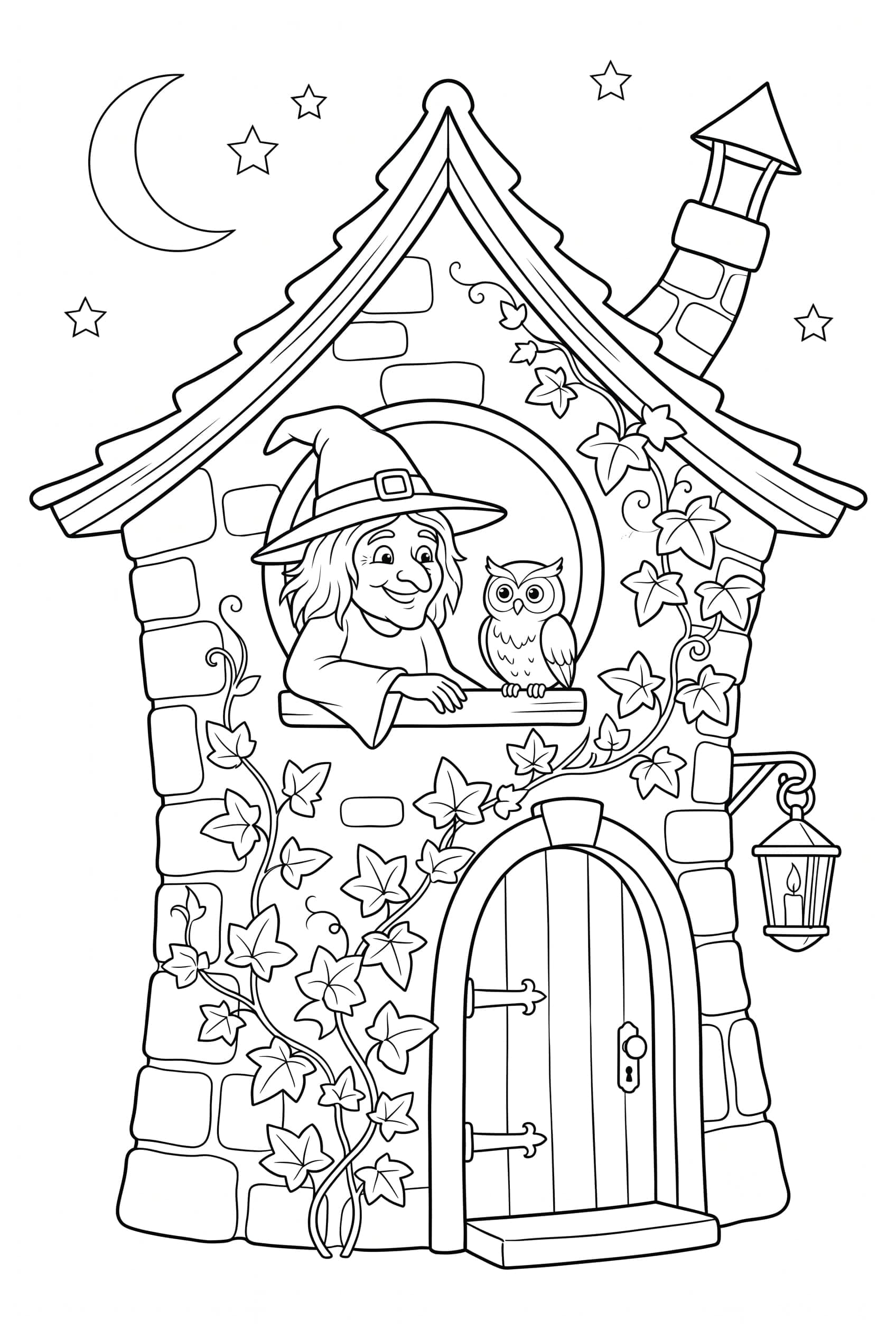 Coloring page of a witch leaning out of the round window of a crooked cottage with an owl perched on the sill beside her