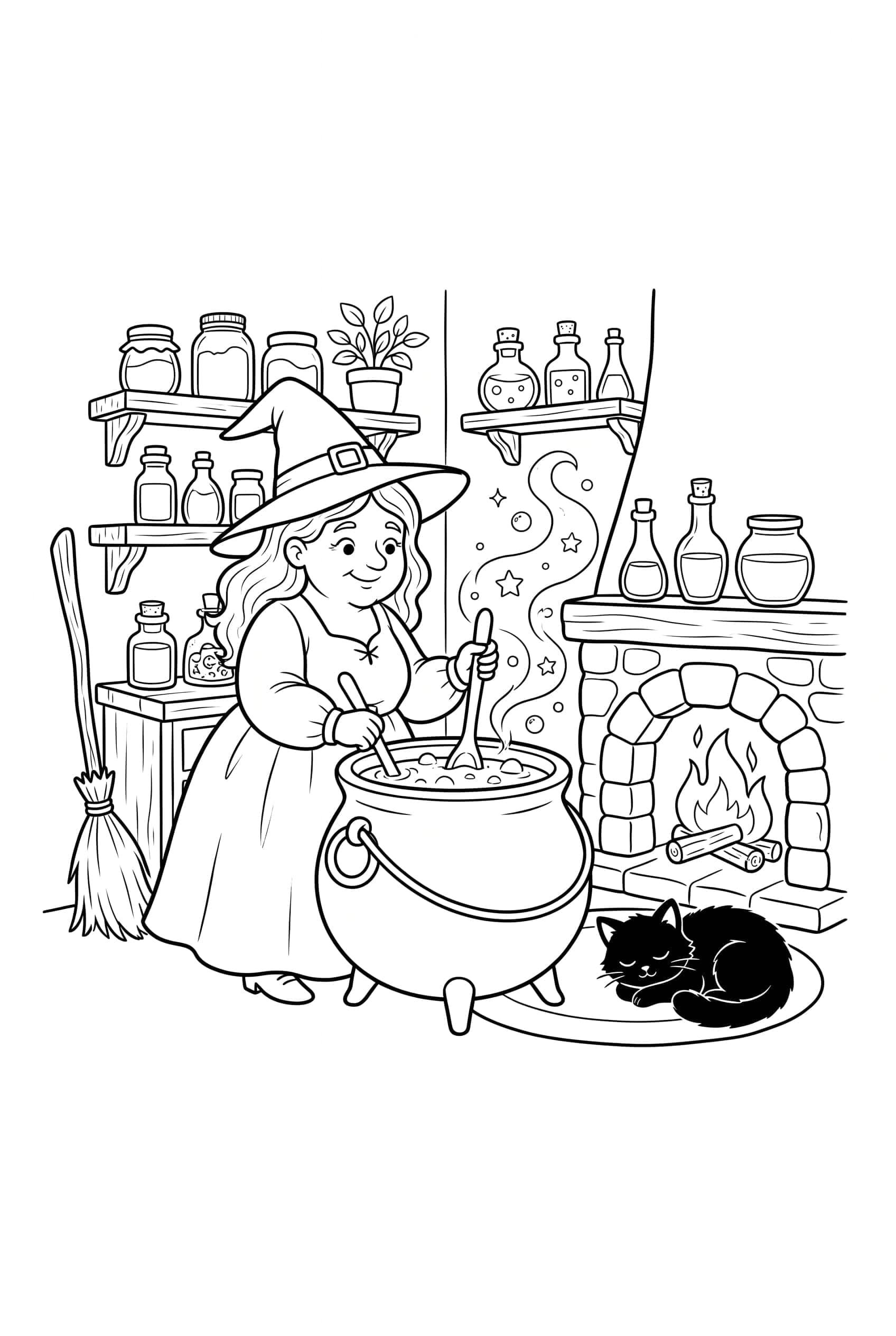 A witch stirring a bubbling cauldron in her cottage kitchen with shelves of jars and a black cat by the fire