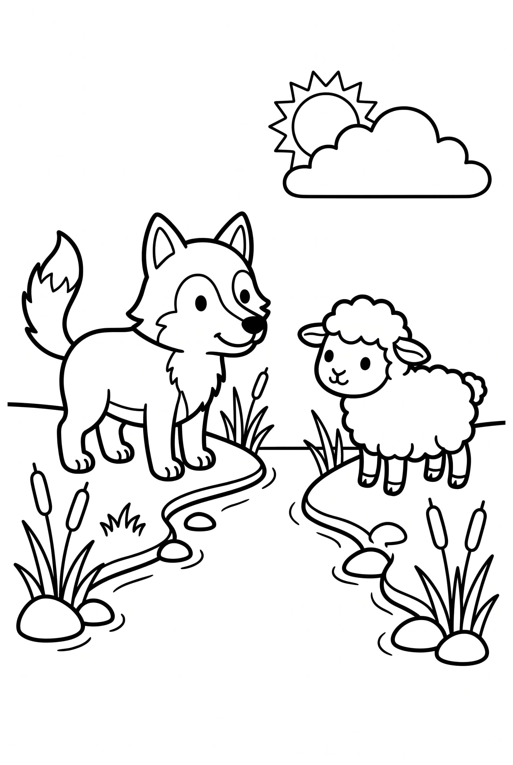 Dibujo para colorear de un lobo y un corderito frente a frente en las dos orillas de un arroyo estrecho entre juncos.