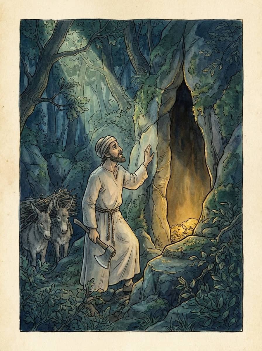 A bearded woodcutter in a pale robe and cap, an axe in his hand, lays a palm on a cliff where a tall dark crack glows gold; his laden donkeys wait behind.