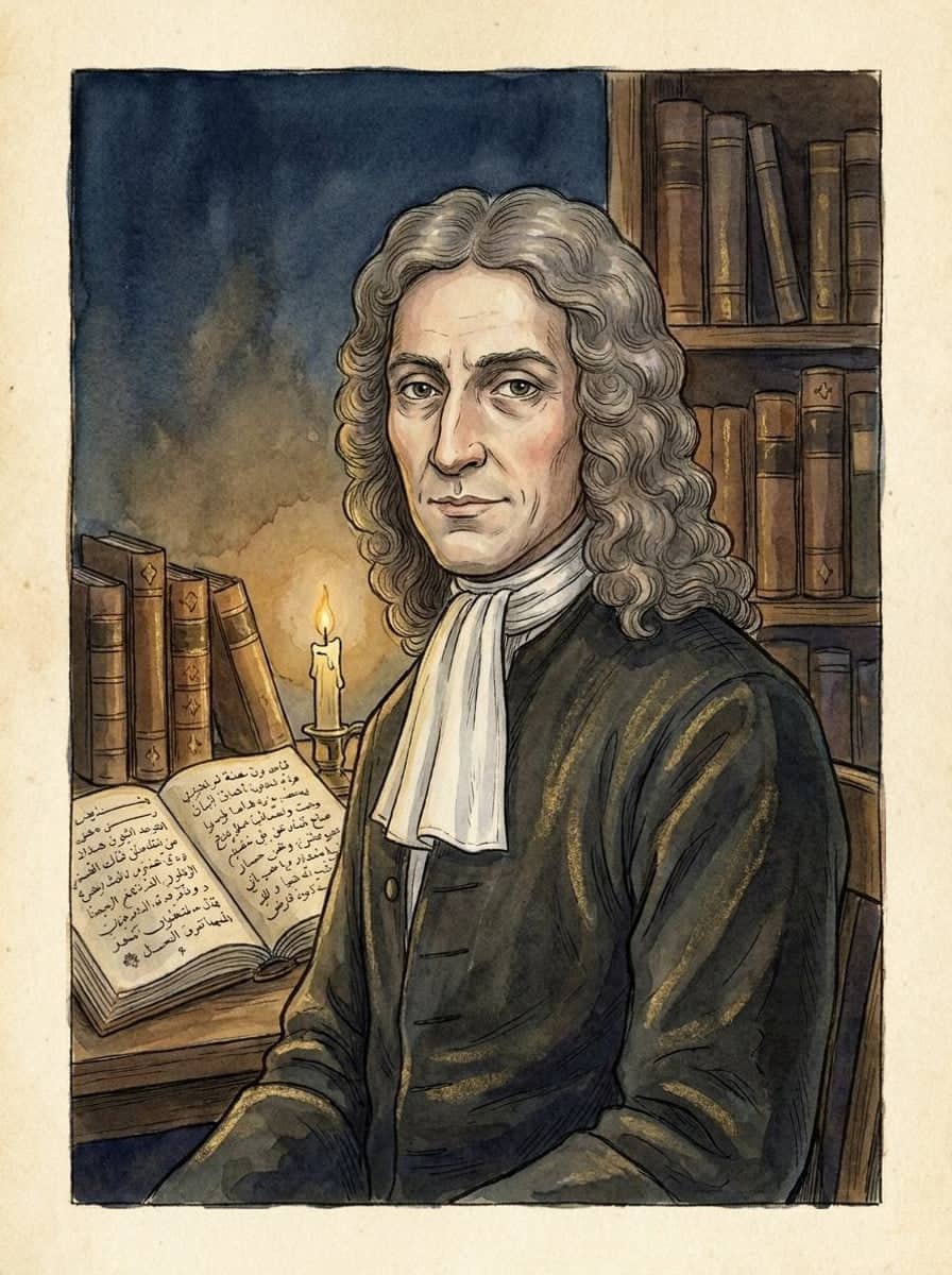 Un hombre con larga peluca gris y casaca oscura, sentado ante un escritorio de biblioteca, junto a un manuscrito árabe abierto y una vela encendida.
