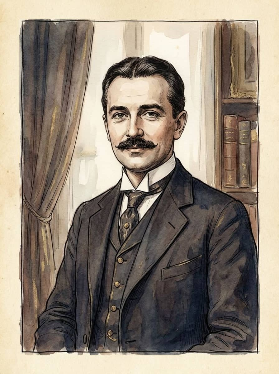 Malowany portret mężczyzny z ciemnym wąsem, w marynarce, kamizelce i krawacie z początku dwudziestego wieku, na ciepłym, stonowanym tle.