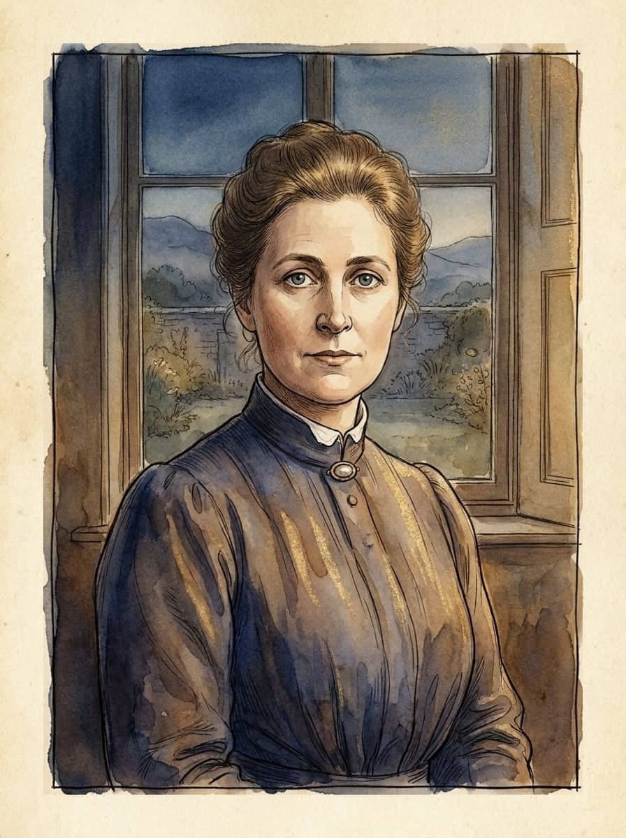 Ink and watercolour portrait of a woman in a high-necked dark dress, her hair pinned up and a plain brooch at her collar, before a window onto low green hills.