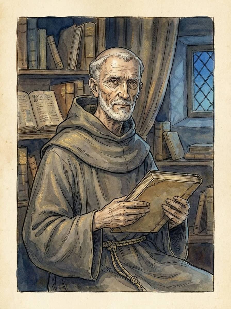 Retrato pintado de un fraile anciano con hábito franciscano pardo, capucha caída sobre los hombros, cordón anudado a la cintura y un manuscrito entre las manos.