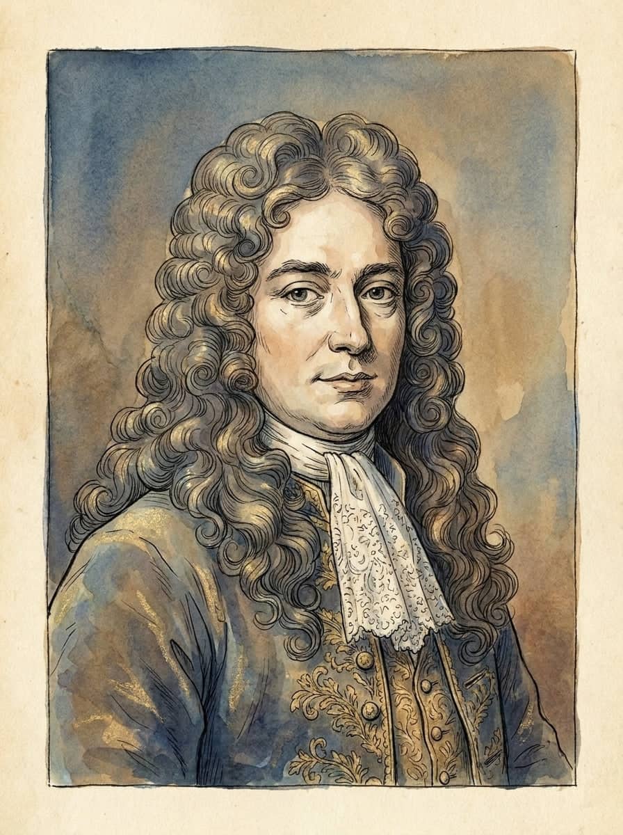 Retrato em aquarela de um homem de longa peruca cacheada, jabô de renda branca e casaca bordada a ouro, sobre um fundo de aguadas azuis e ocre.