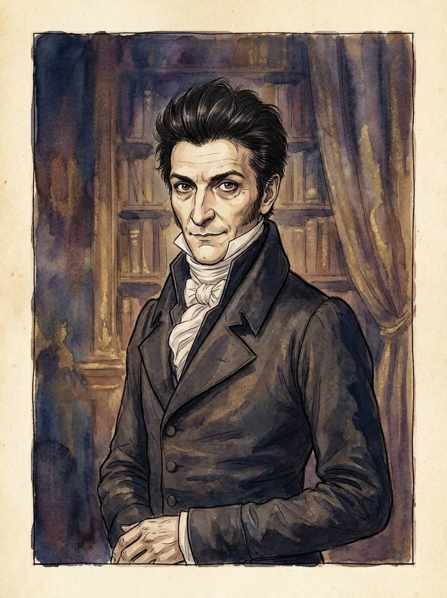 A dark-haired man in a high-collared black coat and white cravat turns slightly toward the viewer, bookshelves and a heavy curtain behind him.