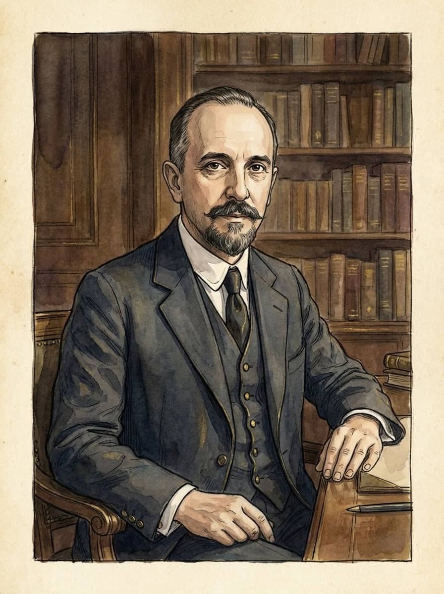 Feder und Aquarell: ein Mann mittleren Alters mit zurückgekämmtem Haar, Schnurrbart und Spitzbart im grauen Dreiteiler, im Lehnstuhl vor Bücherregalen.