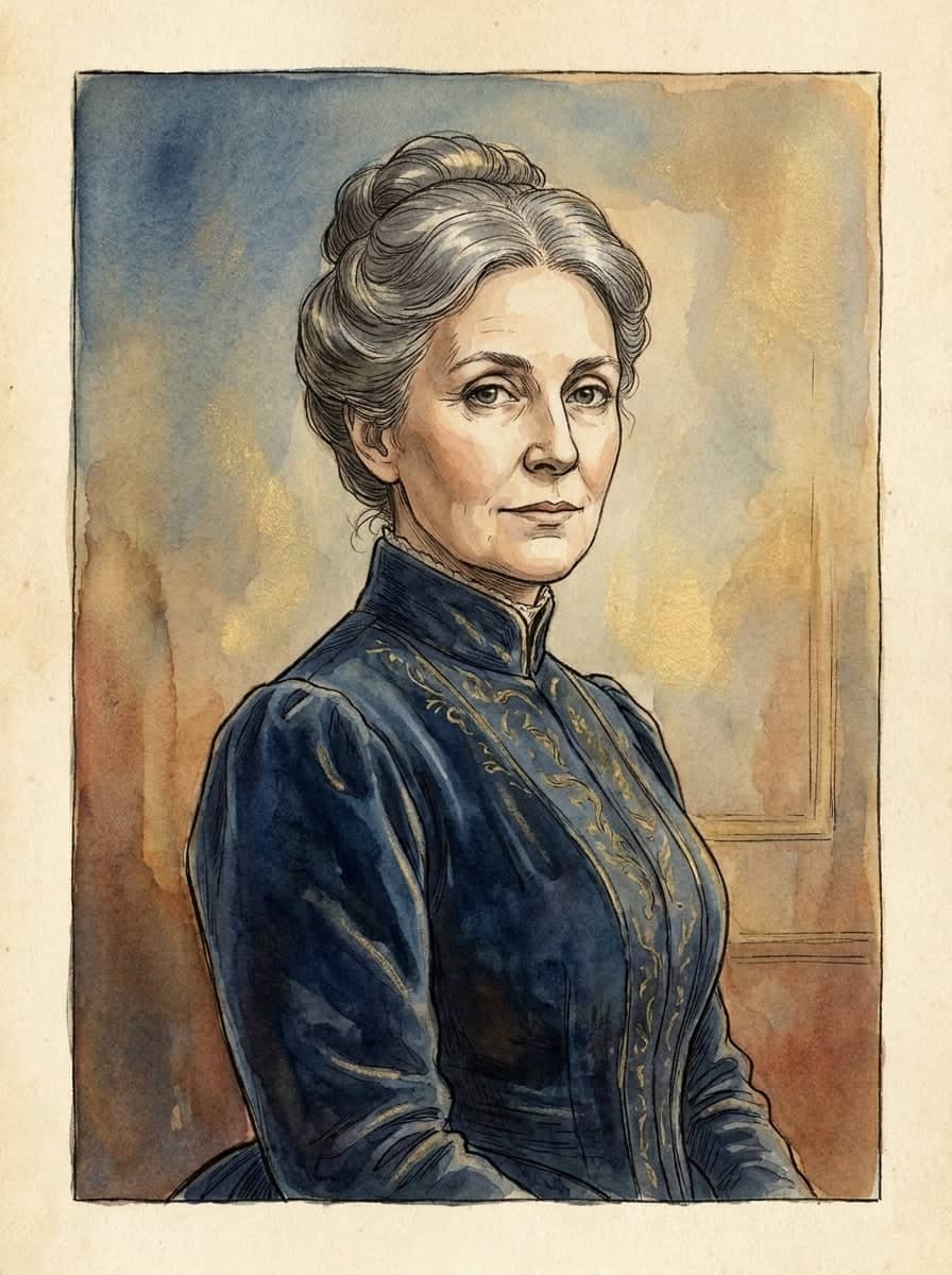 Aquarell einer grauhaarigen Frau mit Dutt in einem hochgeschlossenen dunkelblauen Kleid, vorn mit goldener Stickerei verziert.