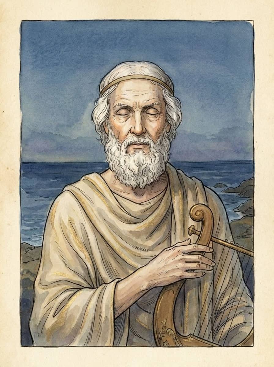 Ink and watercolour portrait of an old man with a white beard and a gold band in his hair, eyes closed, holding a lyre on a rocky shore before a grey-blue sea.