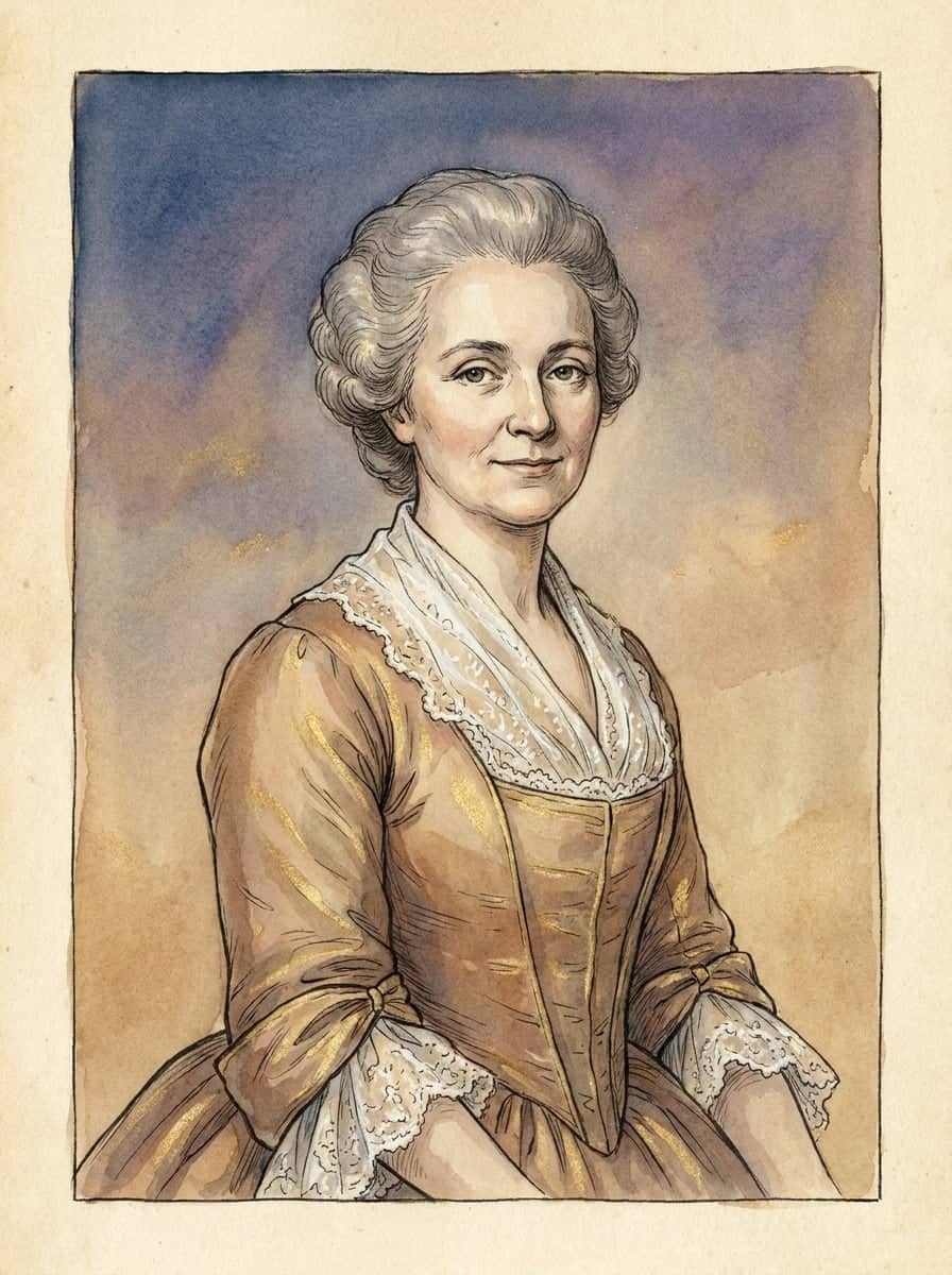Aquarell einer lächelnden Frau mit gepudertem grauem Haar im goldfarbenen Seidenkleid mit Spitzenfichu und Spitzenvolants, vor einem Abendhimmel.