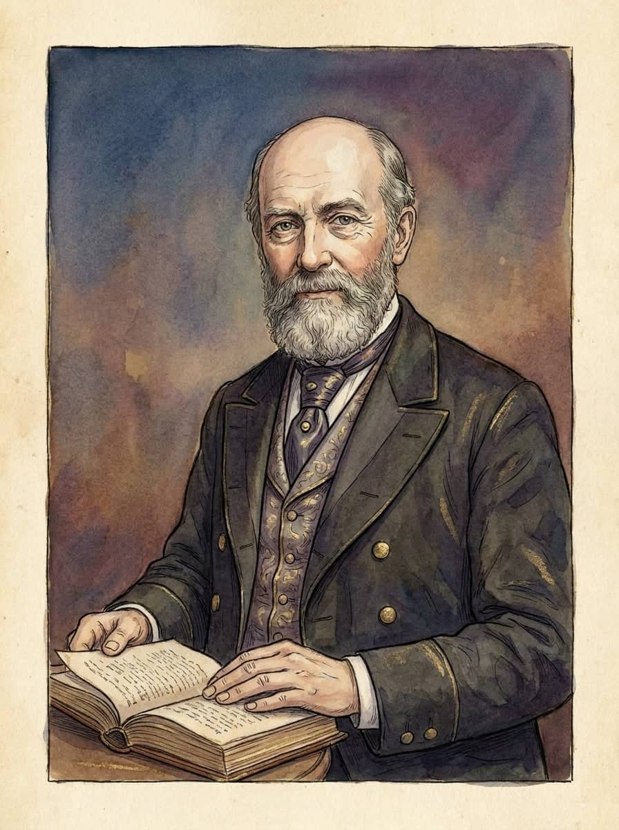 Retrato em aquarela de um senhor calvo de barba branca, de casaca escura e colete estampado, com as duas mãos apoiadas sobre um livro aberto.