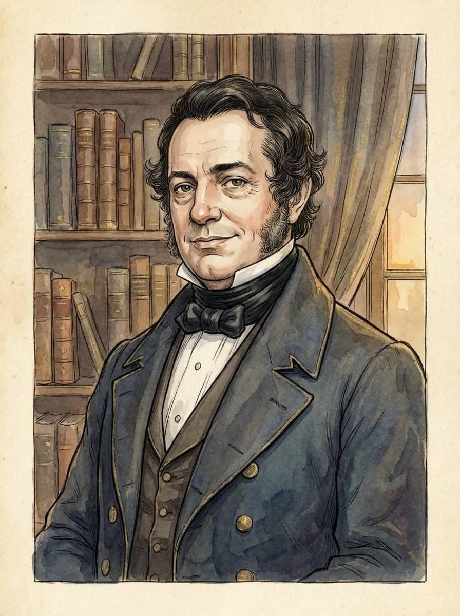 A painted portrait of Washington Irving in the style of golden age storybook illustration.