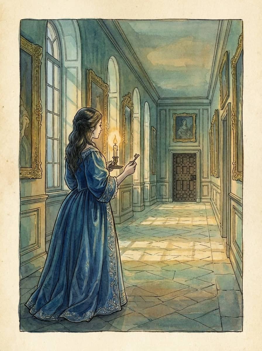 A woman in a blue gown holds a candle and a small key, standing before a closed iron-studded door at the end of a grand candlelit gallery.